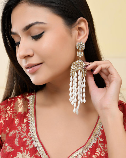 VOJ Kundan Studded White Pearl Long Drop Earrings VOJ (Valley Of Jewellery)