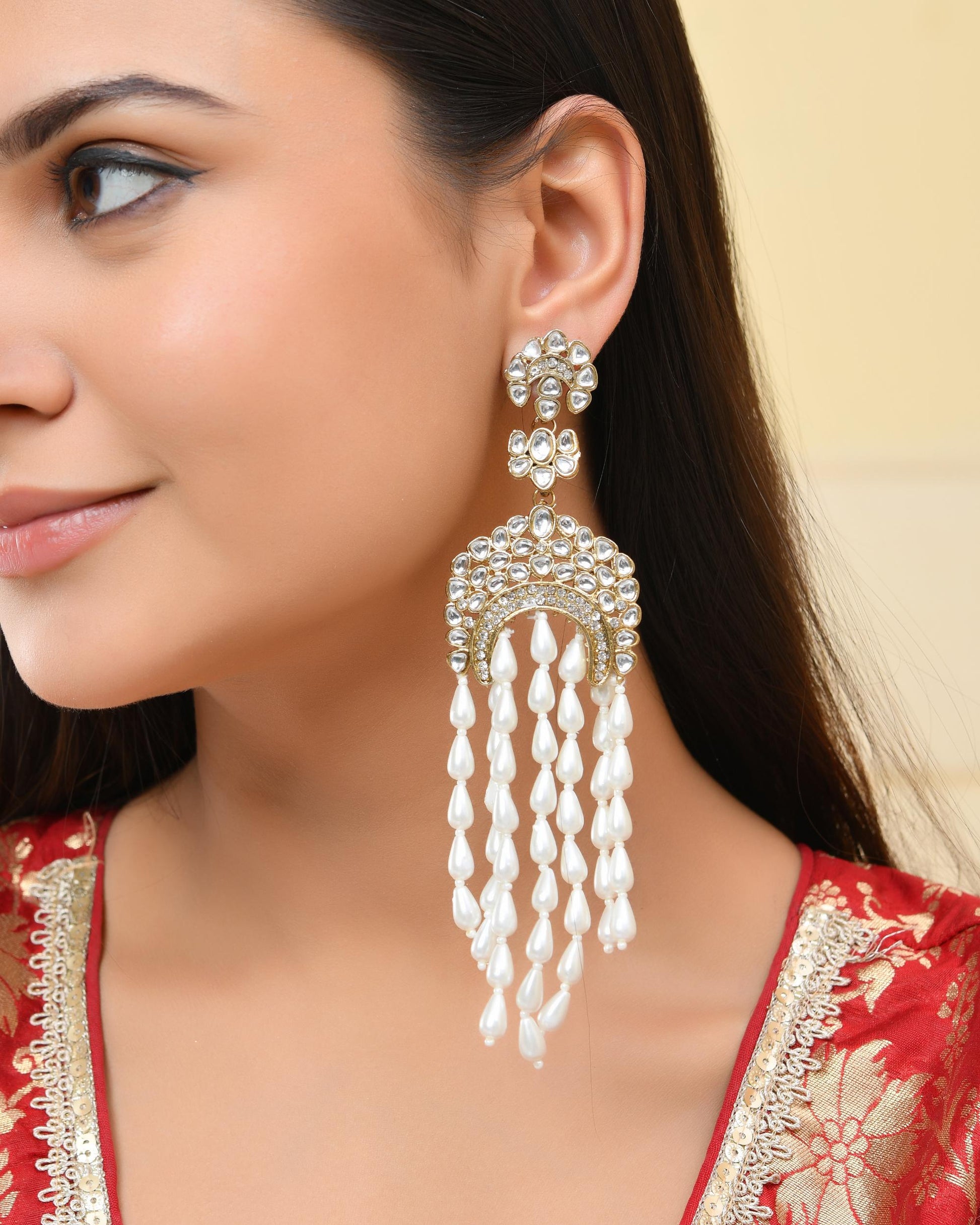 VOJ Kundan Studded White Pearl Long Drop Earrings VOJ (Valley Of Jewellery)