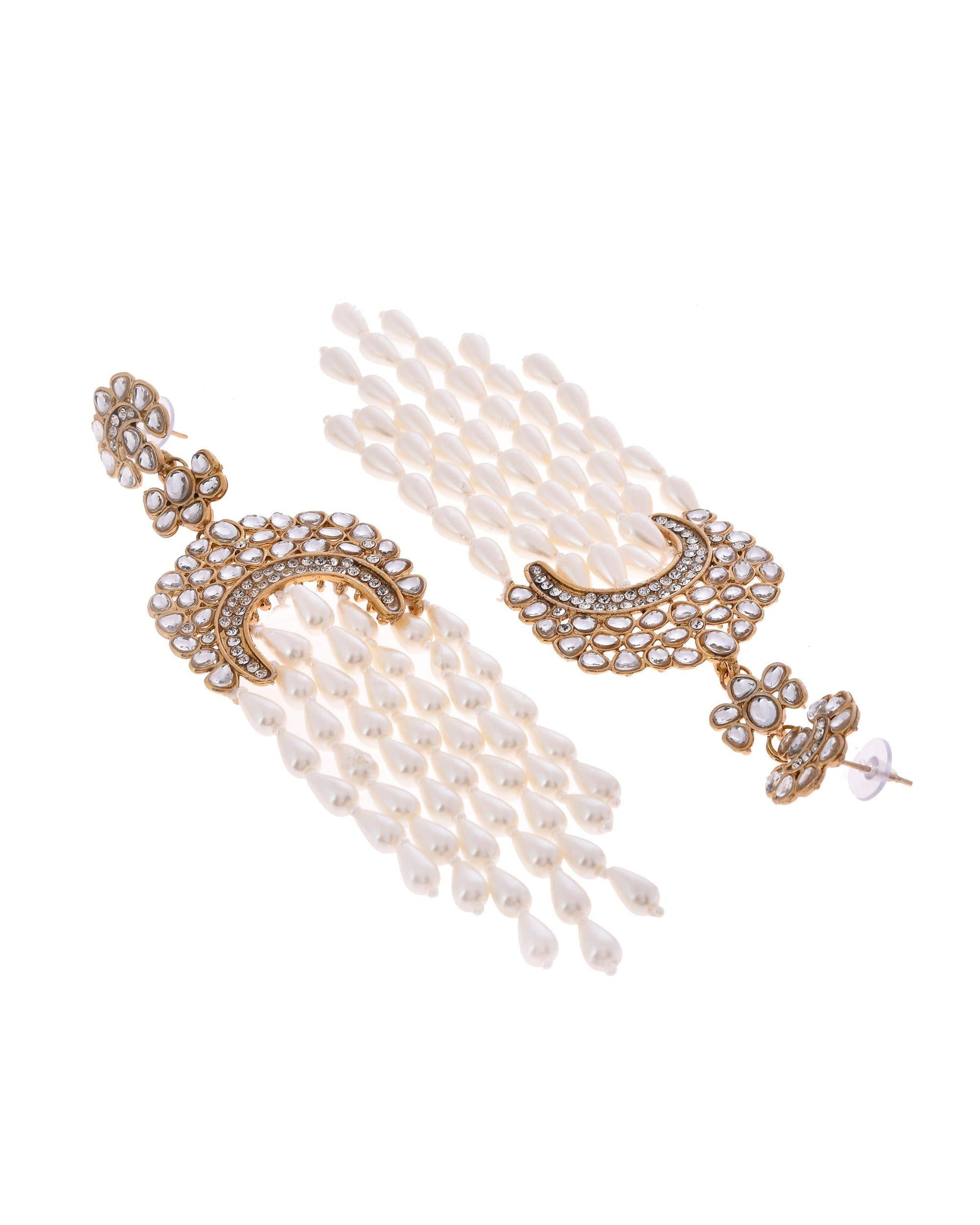 VOJ Kundan Studded White Pearl Long Drop Earrings VOJ (Valley Of Jewellery)