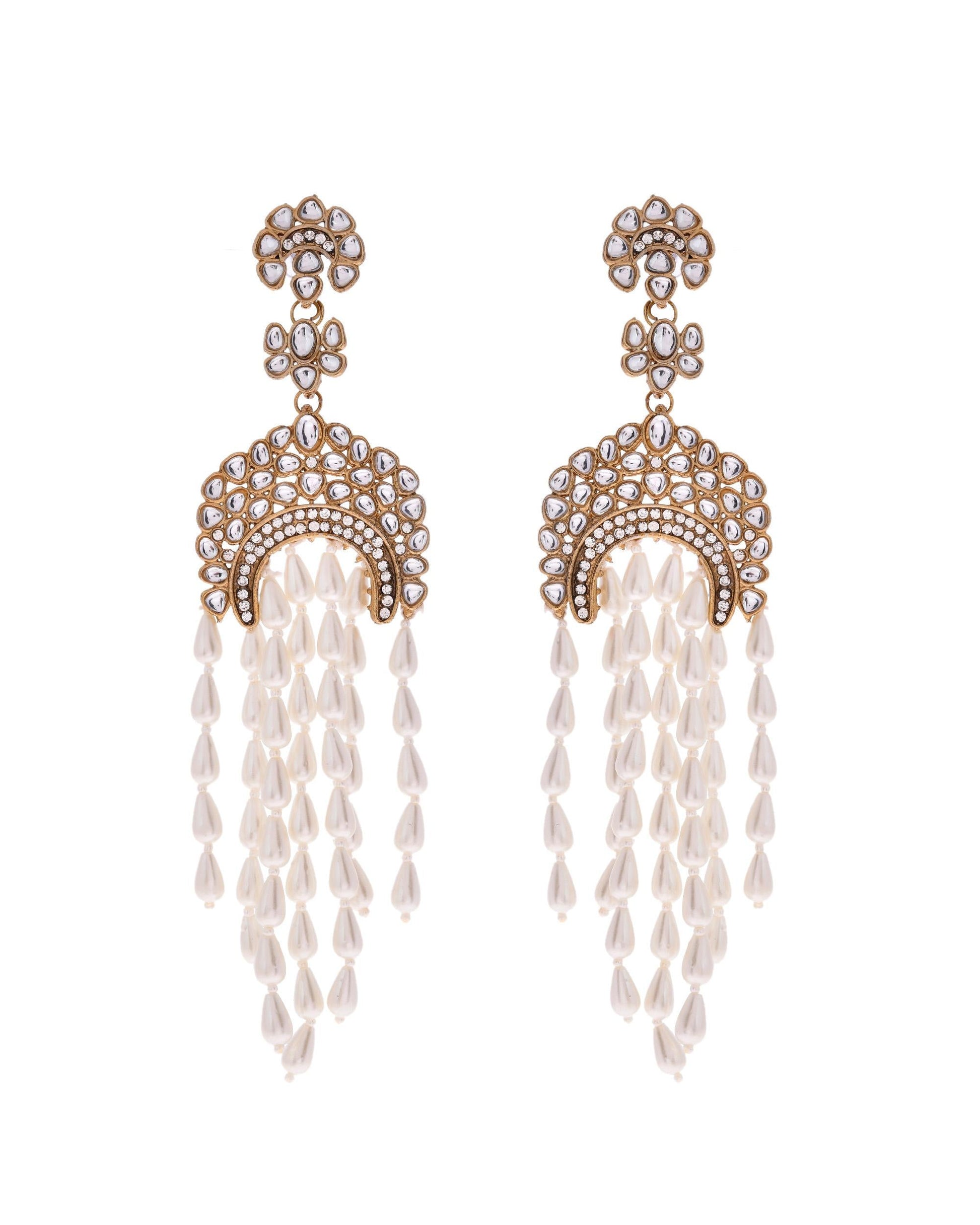 VOJ Kundan Studded White Pearl Long Drop Earrings VOJ (Valley Of Jewellery)