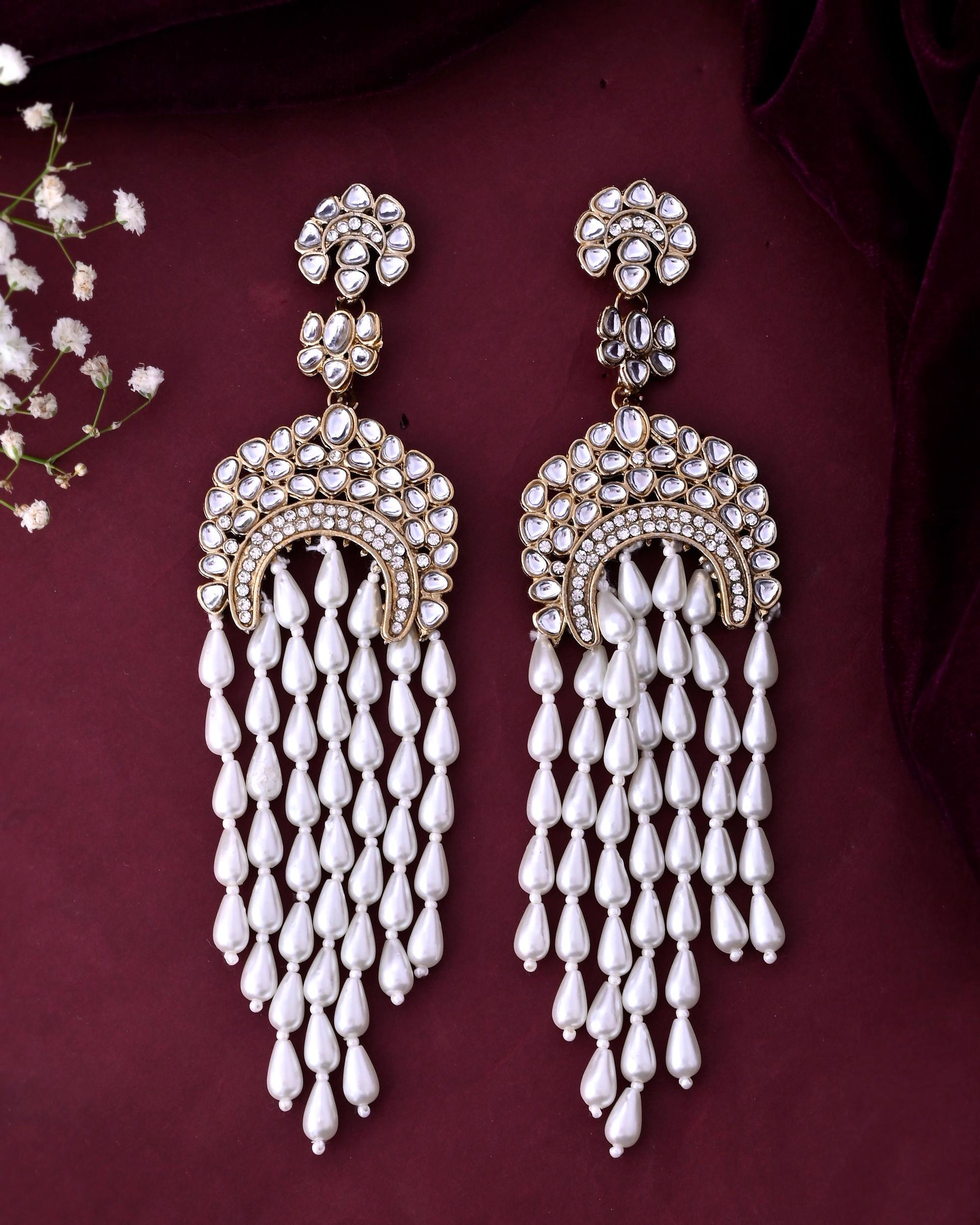 VOJ Kundan Studded White Pearl Long Drop Earrings VOJ (Valley Of Jewellery)