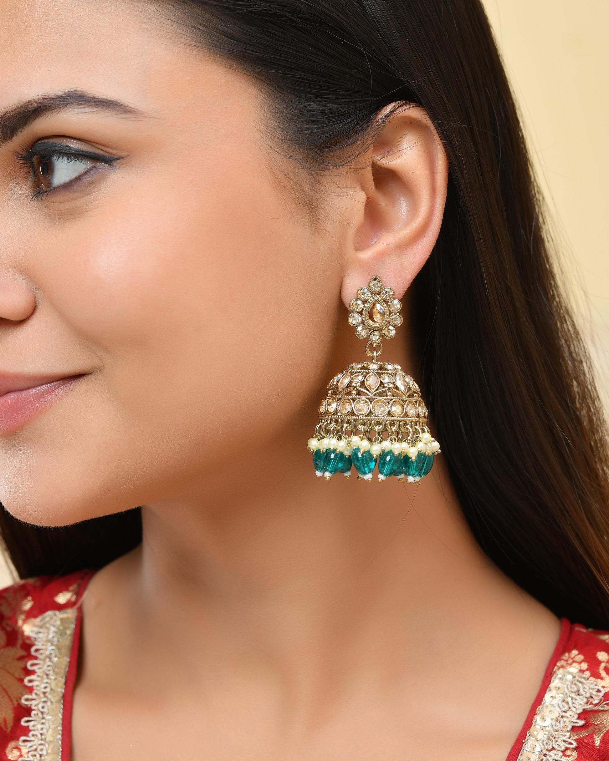 VOJ Gold-Polished Stone Studded Dome Shaped Jhumkas - Swadesiicart