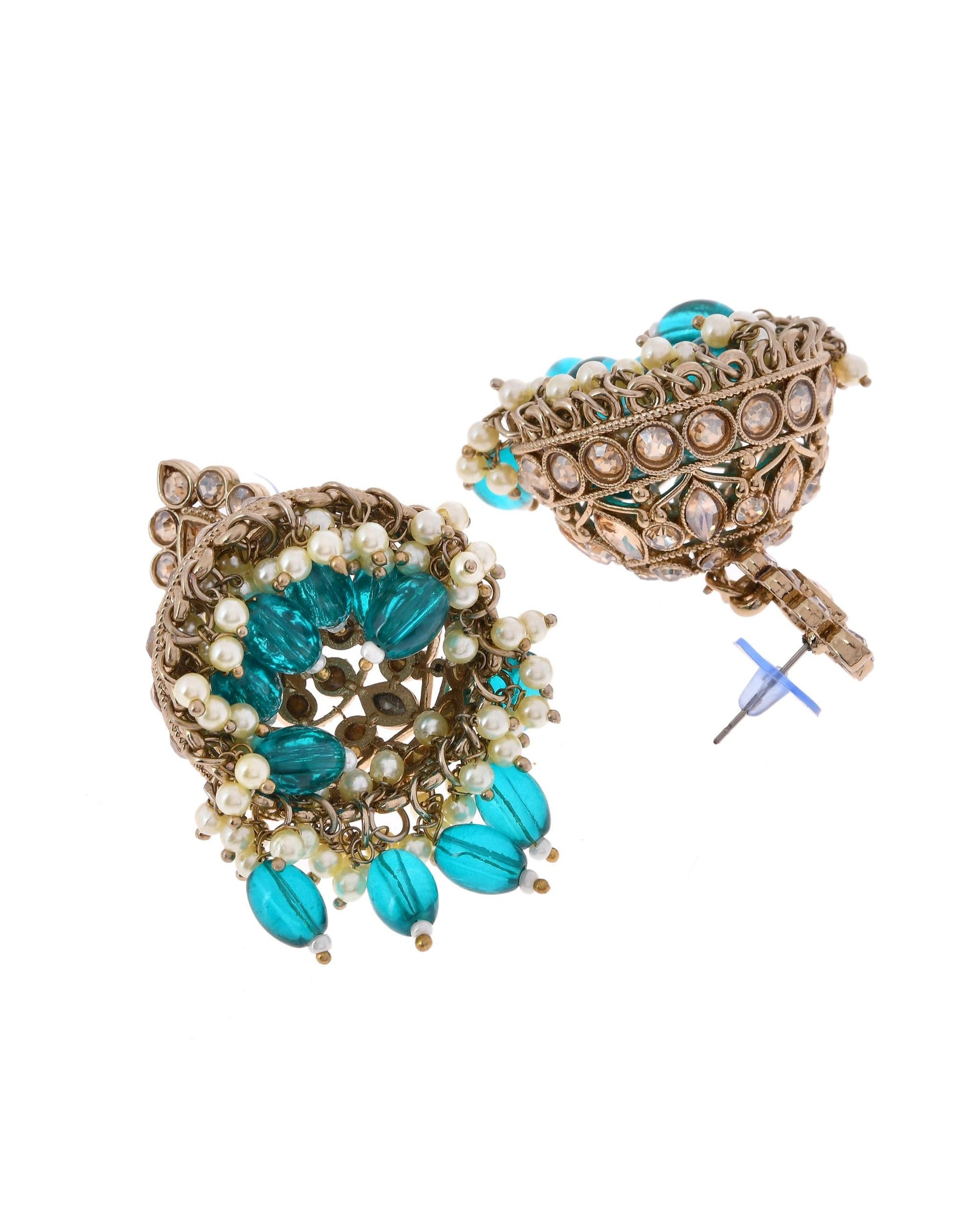 VOJ Gold-Polished Stone Studded Dome Shaped Jhumkas VOJ (Valley Of Jewellery)