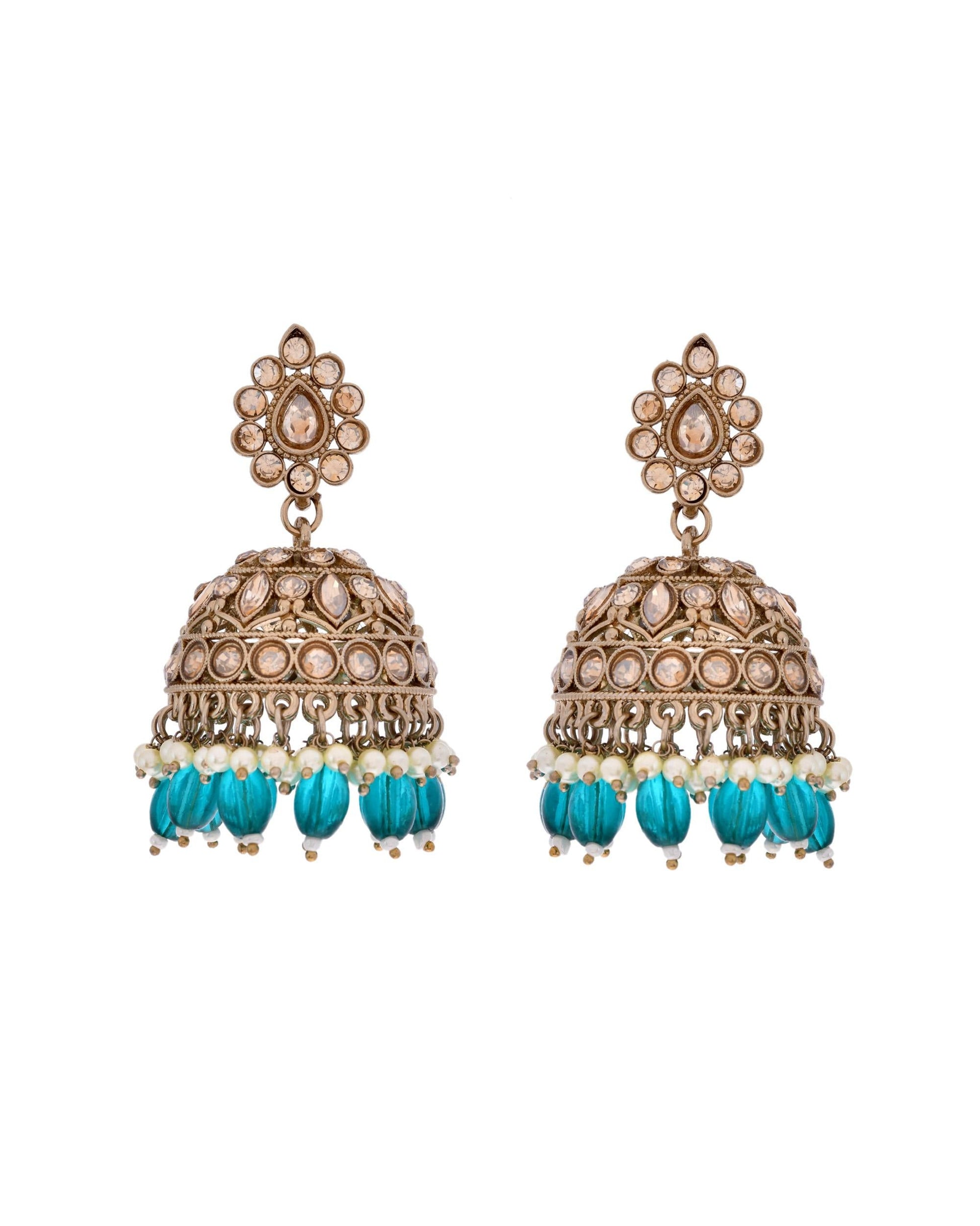 VOJ Gold-Polished Stone Studded Dome Shaped Jhumkas VOJ (Valley Of Jewellery)