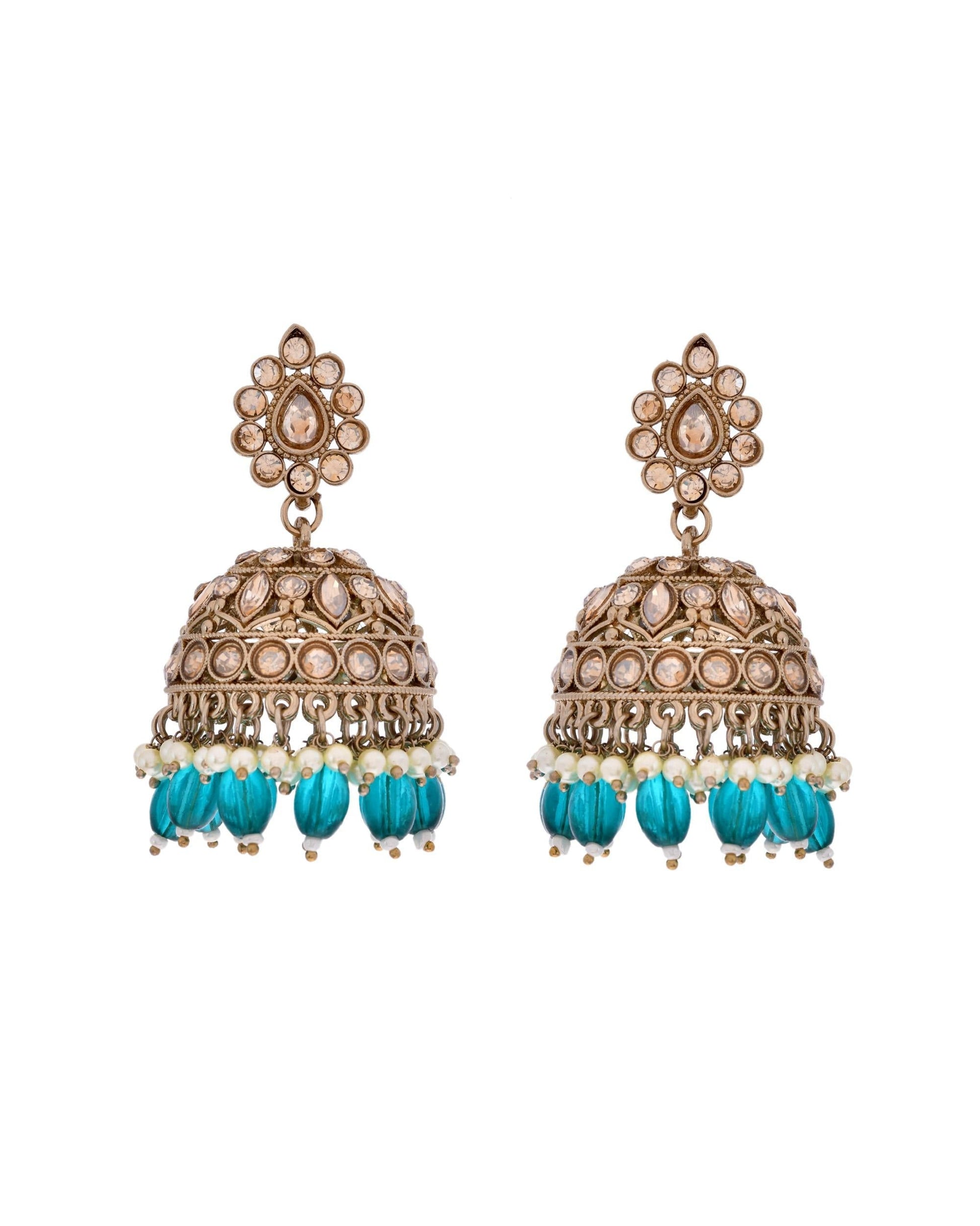 VOJ Gold-Polished Stone Studded Dome Shaped Jhumkas - Swadesiicart