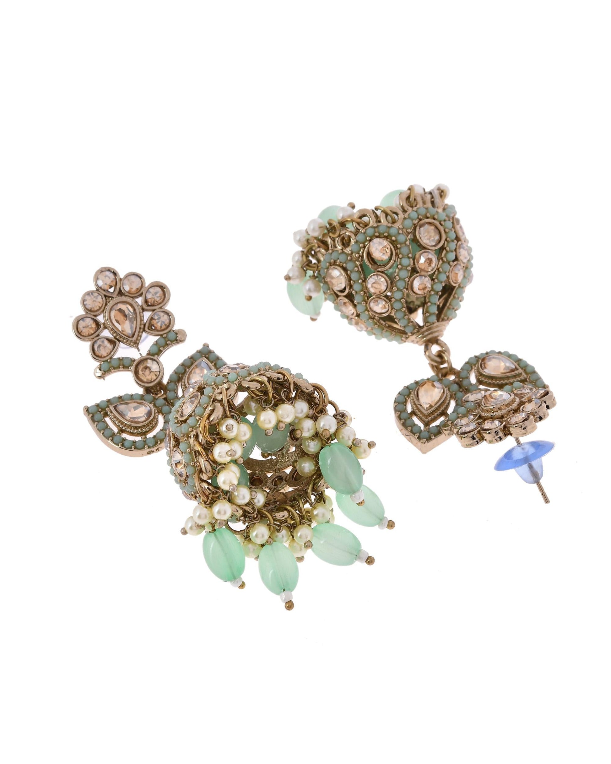 VOJ Mint Green Stone Studded Gold-Polished Jhumkas VOJ (Valley Of Jewellery)