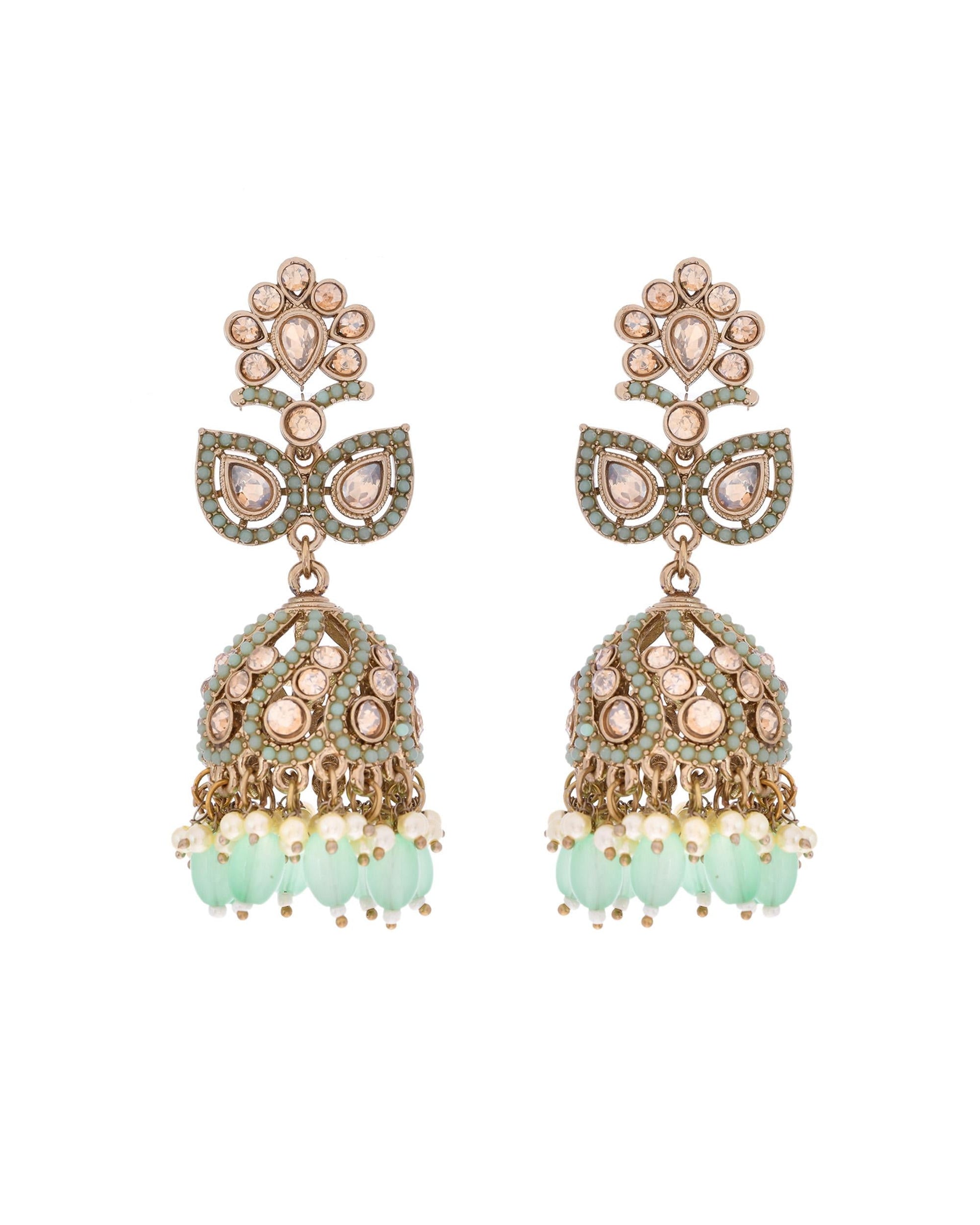 VOJ Mint Green Stone Studded Gold-Polished Jhumkas VOJ (Valley Of Jewellery)