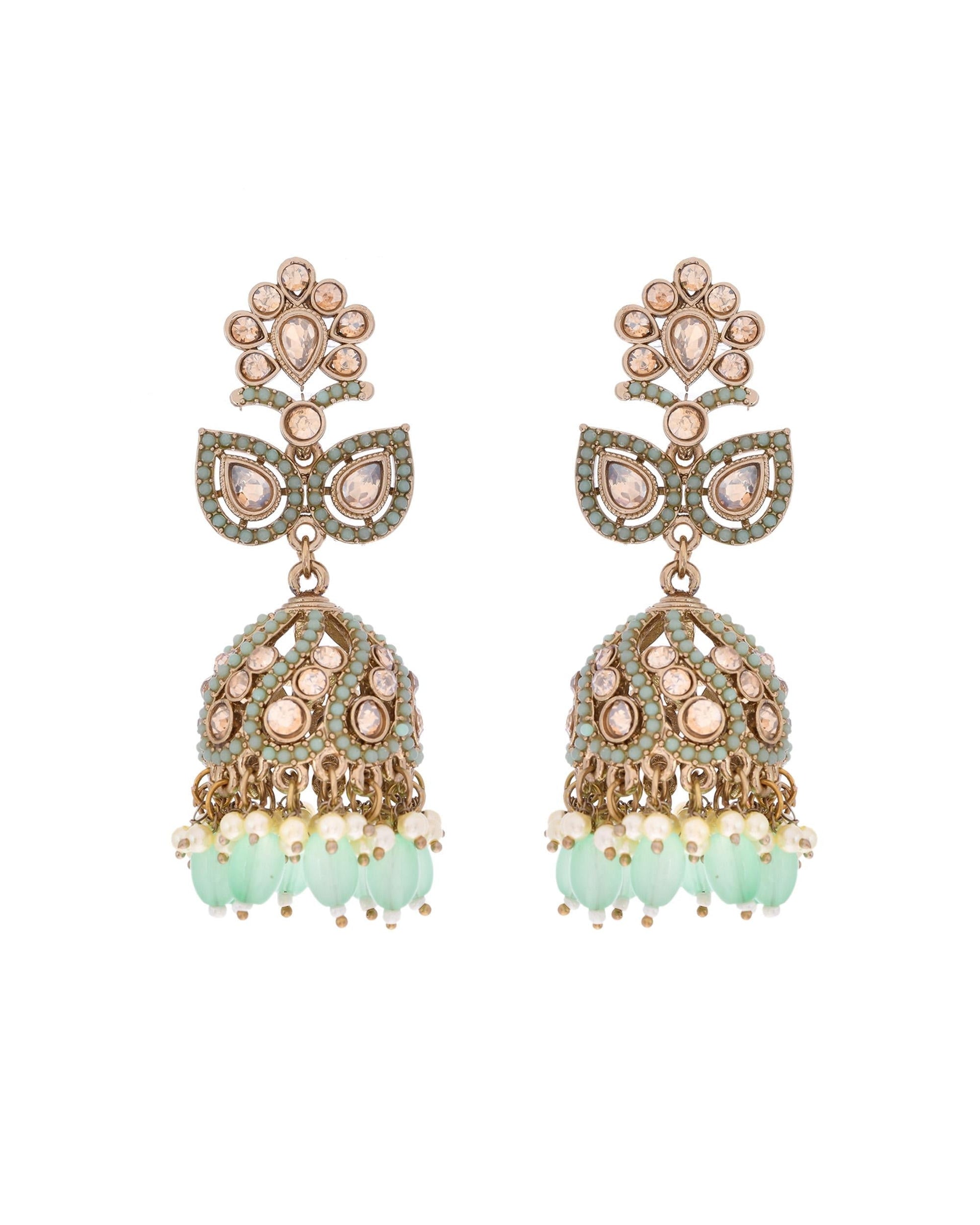 VOJ Mint Green Stone Studded Gold-Polished Jhumkas - Swadesiicart