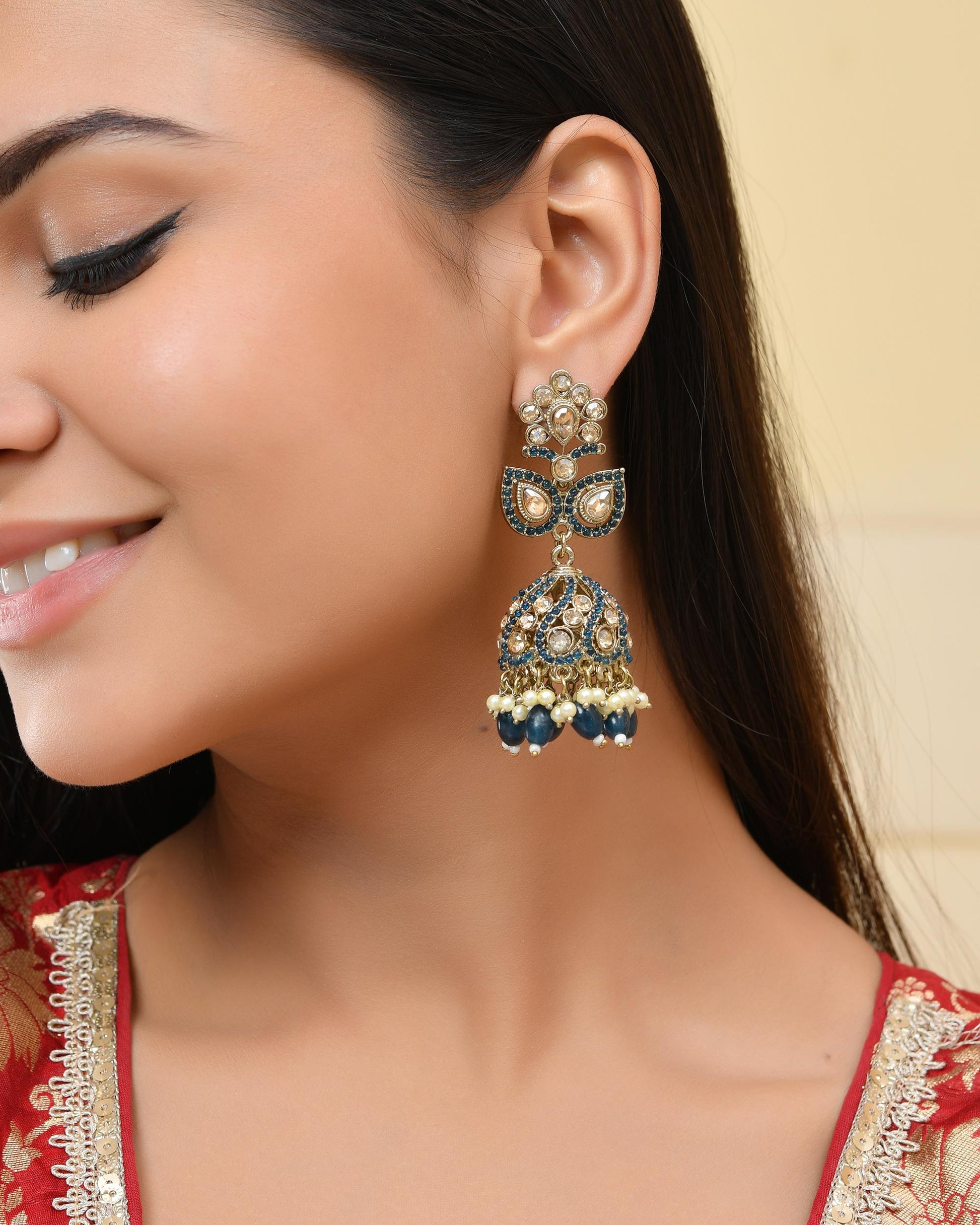 VOJ Blue Stone Studded Gold-Polished Jhumkas VOJ (Valley Of Jewellery)