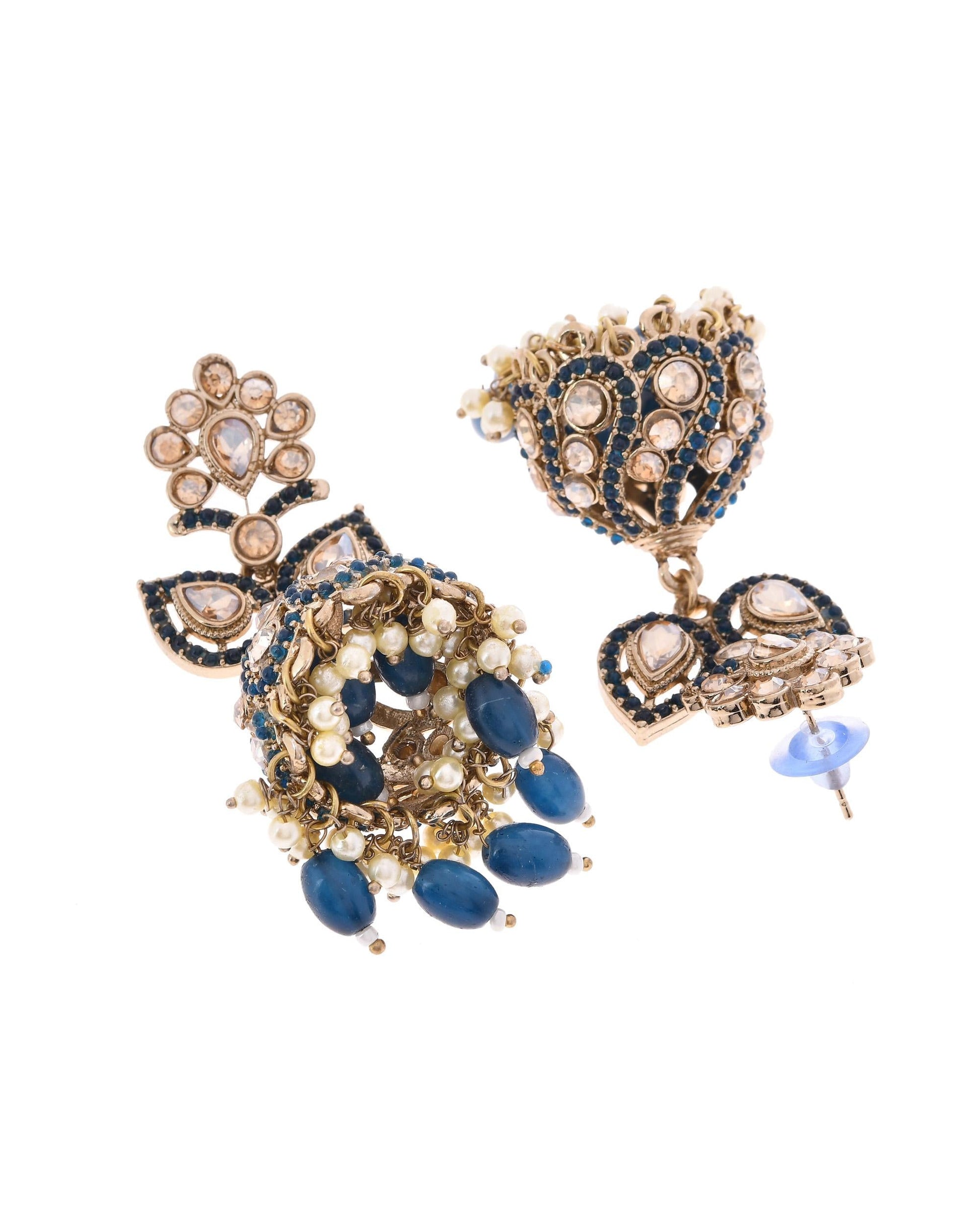 VOJ Blue Stone Studded Gold-Polished Jhumkas VOJ (Valley Of Jewellery)