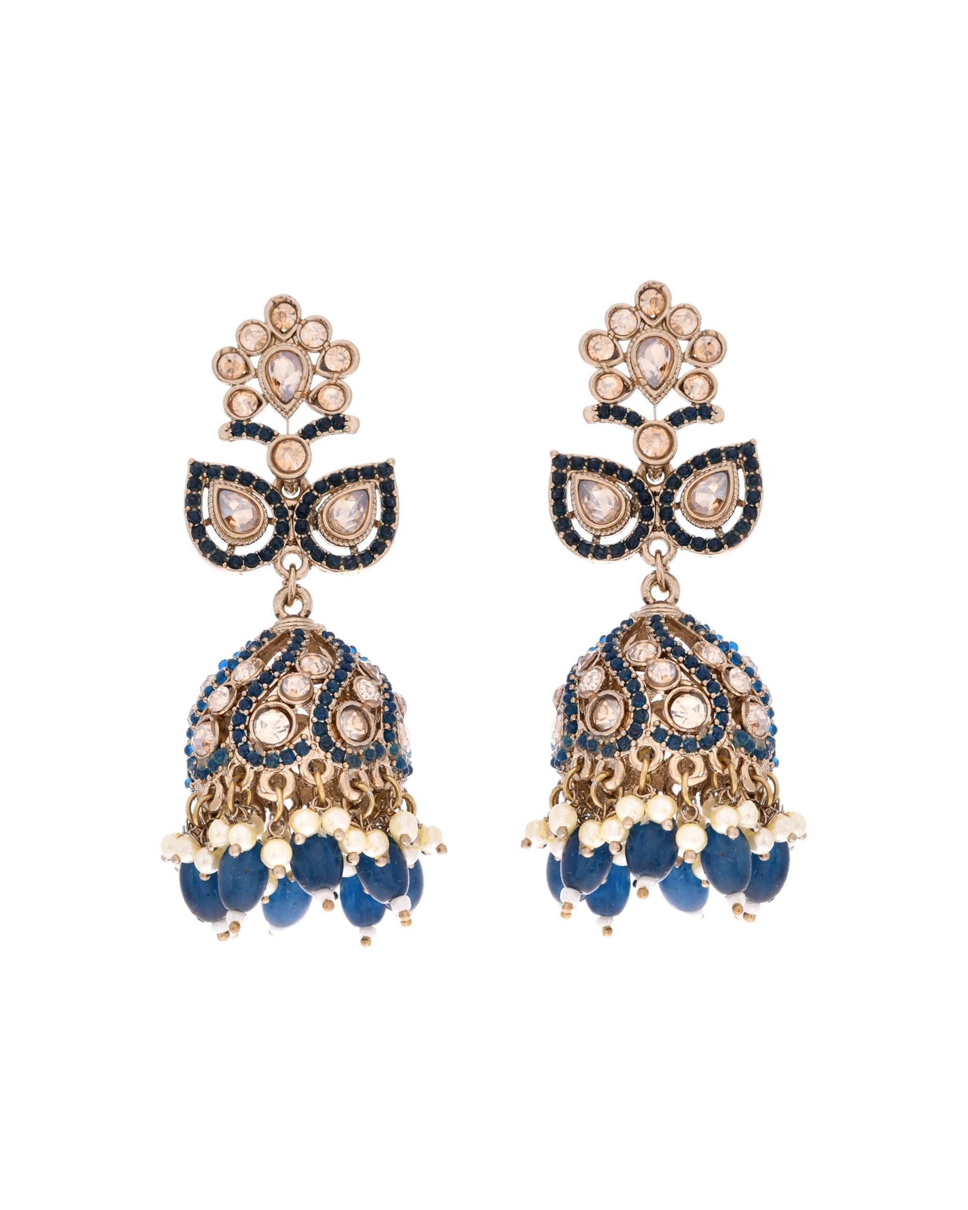 VOJ Blue Stone Studded Gold-Polished Jhumkas VOJ (Valley Of Jewellery)