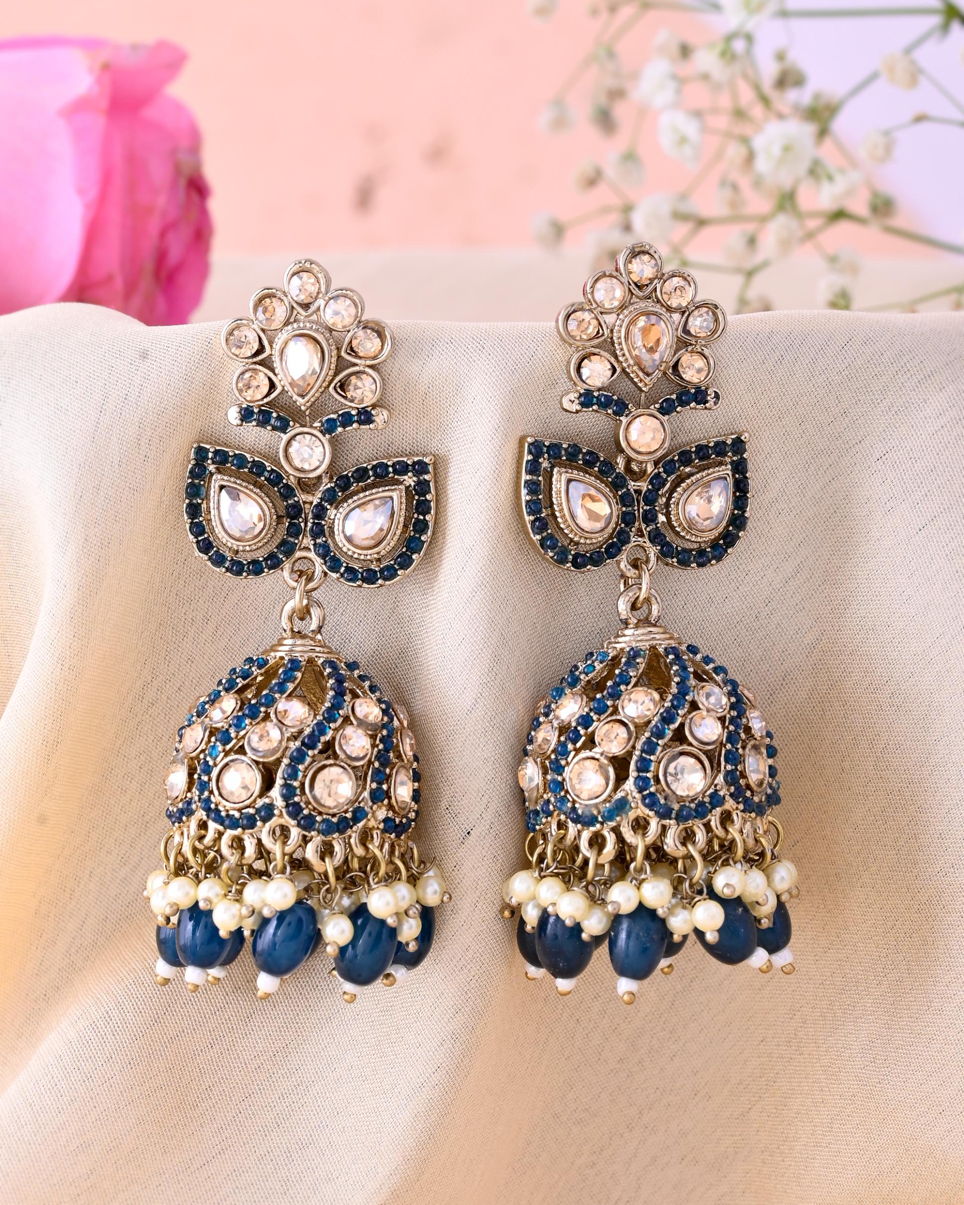 VOJ Blue Stone Studded Gold-Polished Jhumkas - Swadesiicart