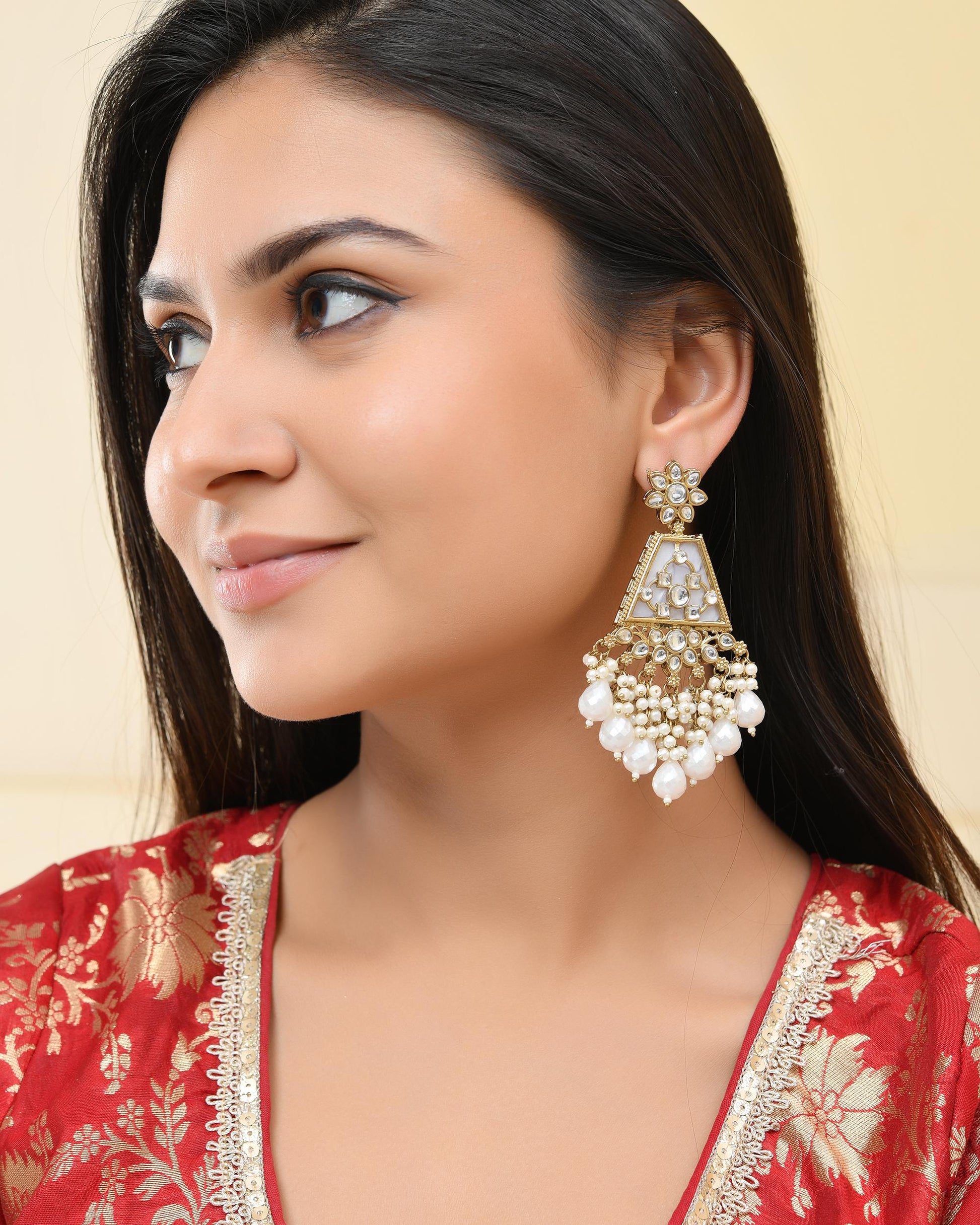 VOJ Gold-Polished Kundan Studded Contemporary Earrings 