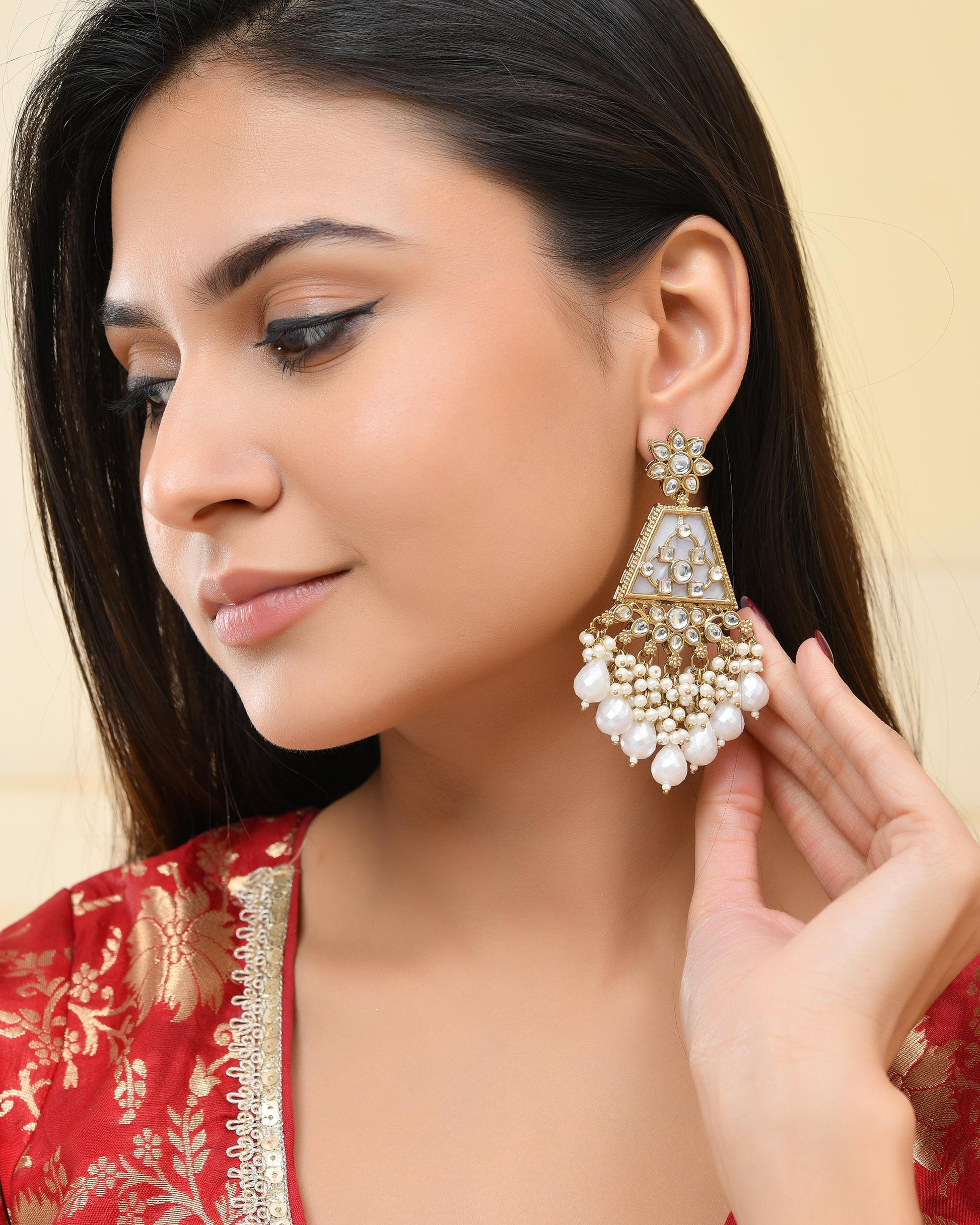 VOJ Gold-Polished Kundan Studded Contemporary Earrings 