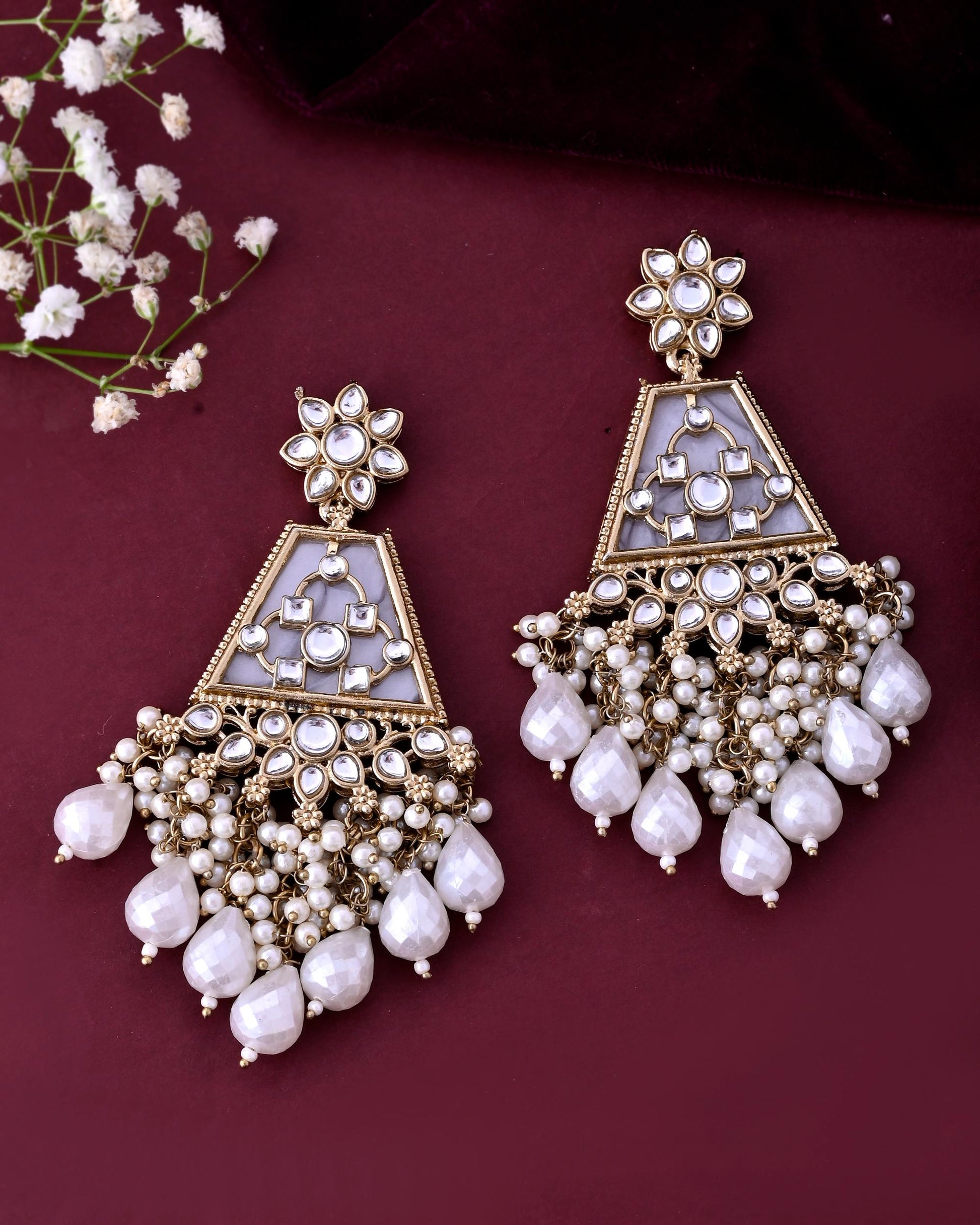 VOJ Gold-Polished Kundan Studded Contemporary Earrings 