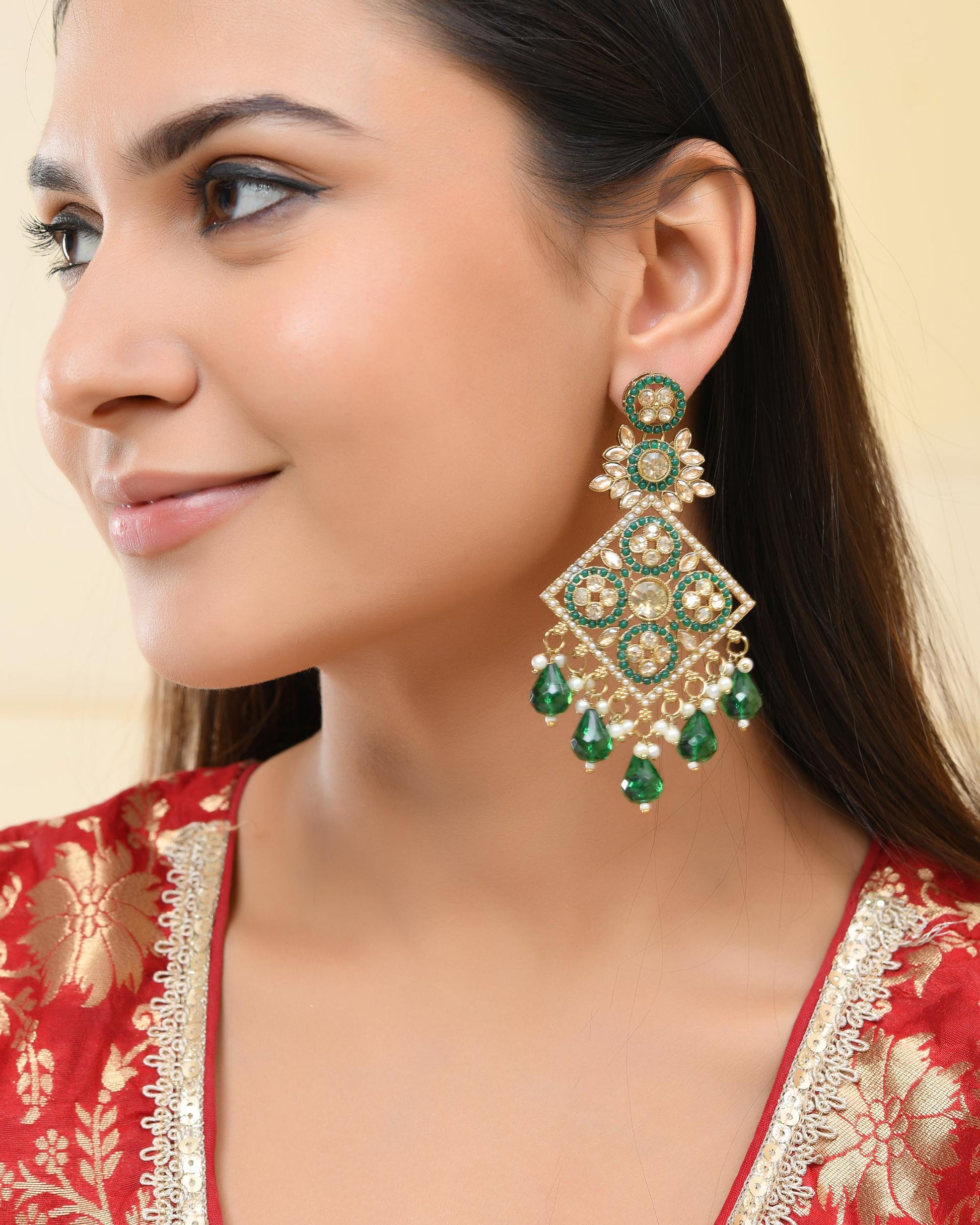 VOJ Green Stone Studded Gold-Polished Square Shaped Earrings VOJ (Valley Of Jewellery)