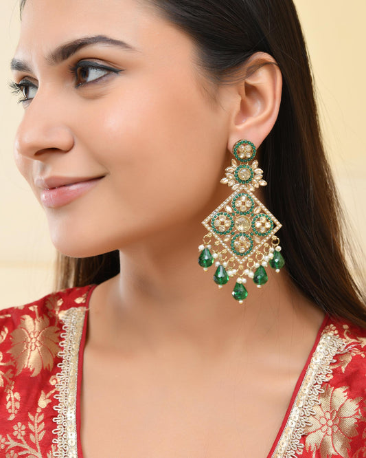 VOJ Green Stone Studded Gold-Polished Square Shaped Earrings VOJ (Valley Of Jewellery)