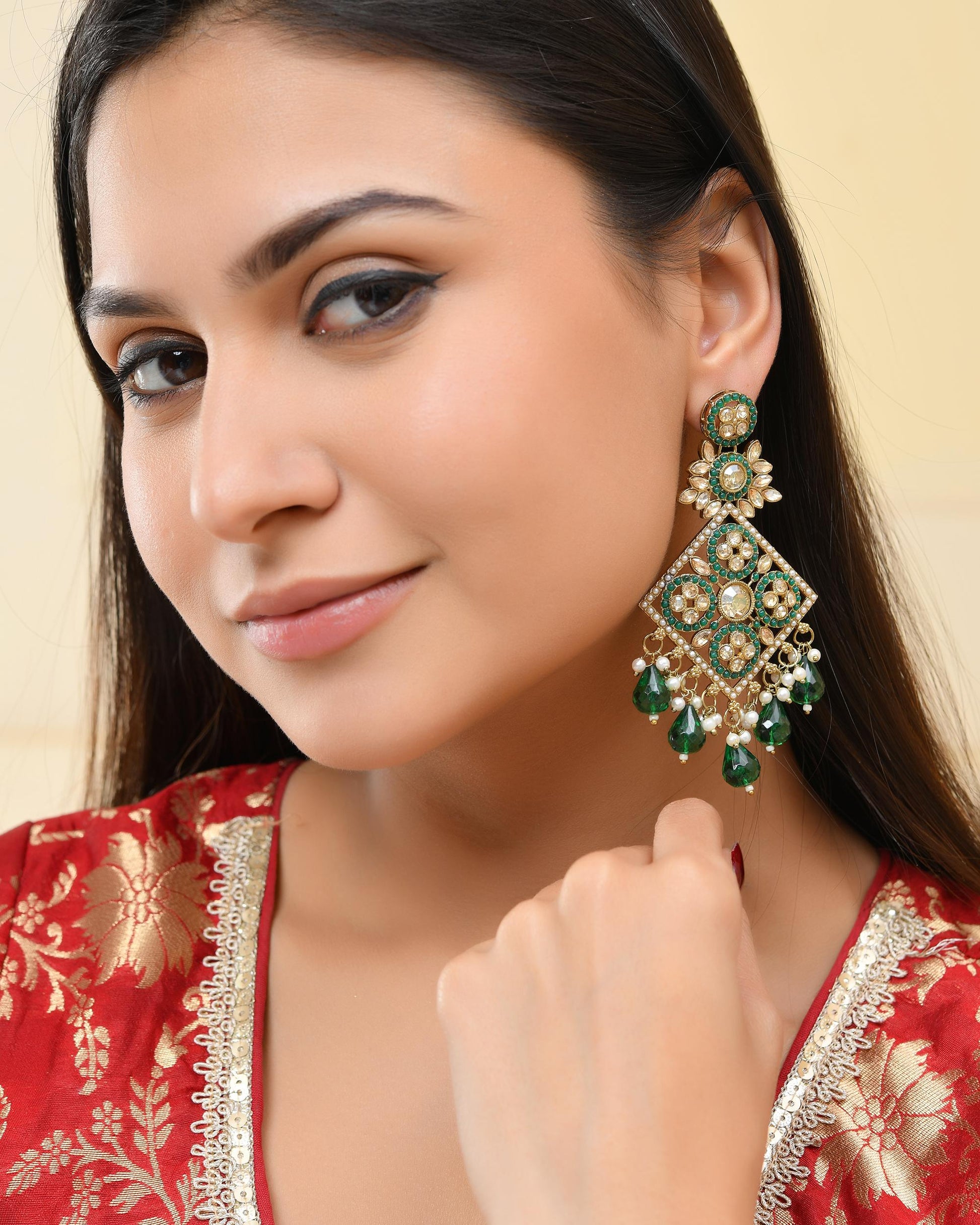 VOJ Green Stone Studded Gold-Polished Square Shaped Earrings VOJ (Valley Of Jewellery)