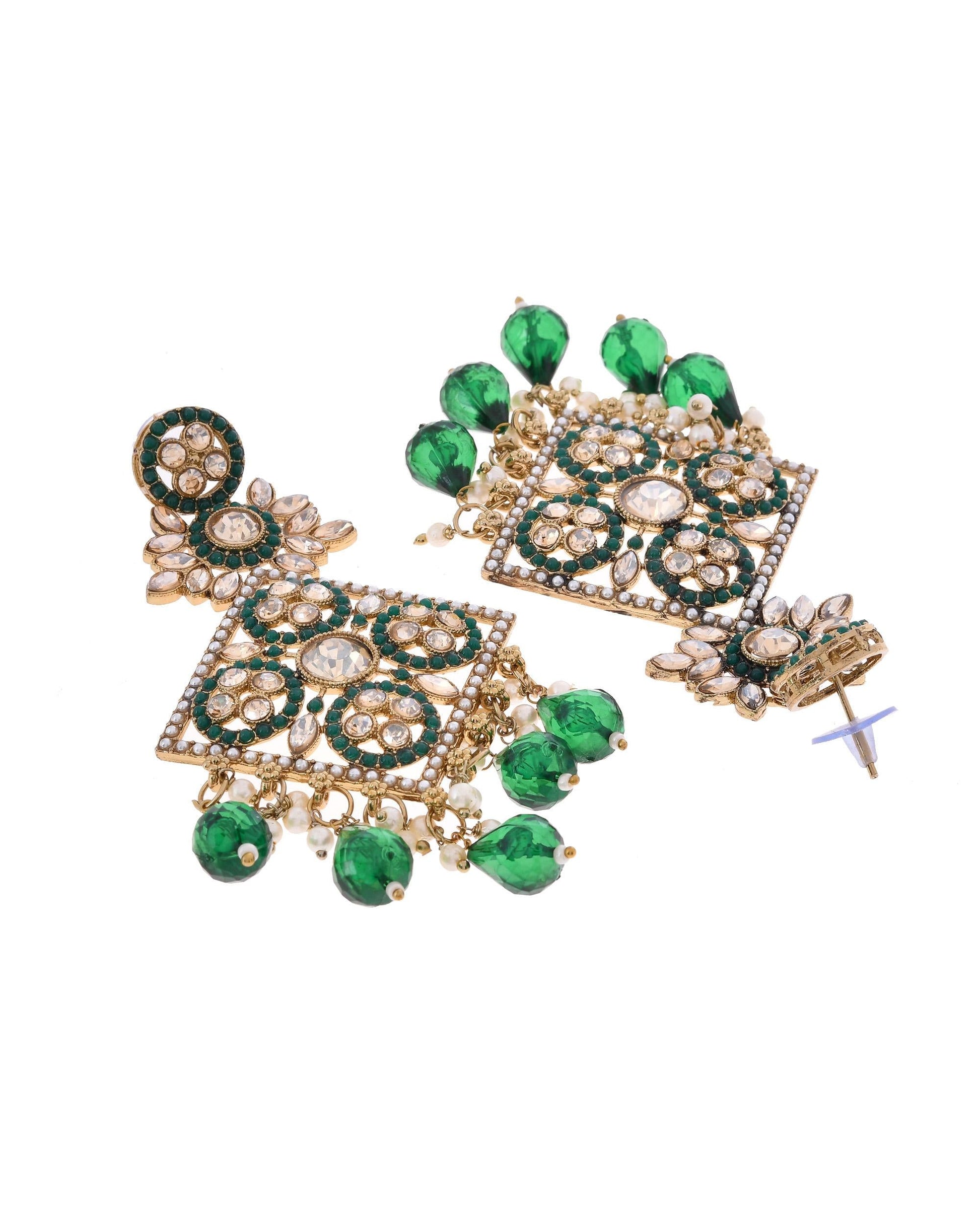 VOJ Green Stone Studded Gold-Polished Square Shaped Earrings VOJ (Valley Of Jewellery)