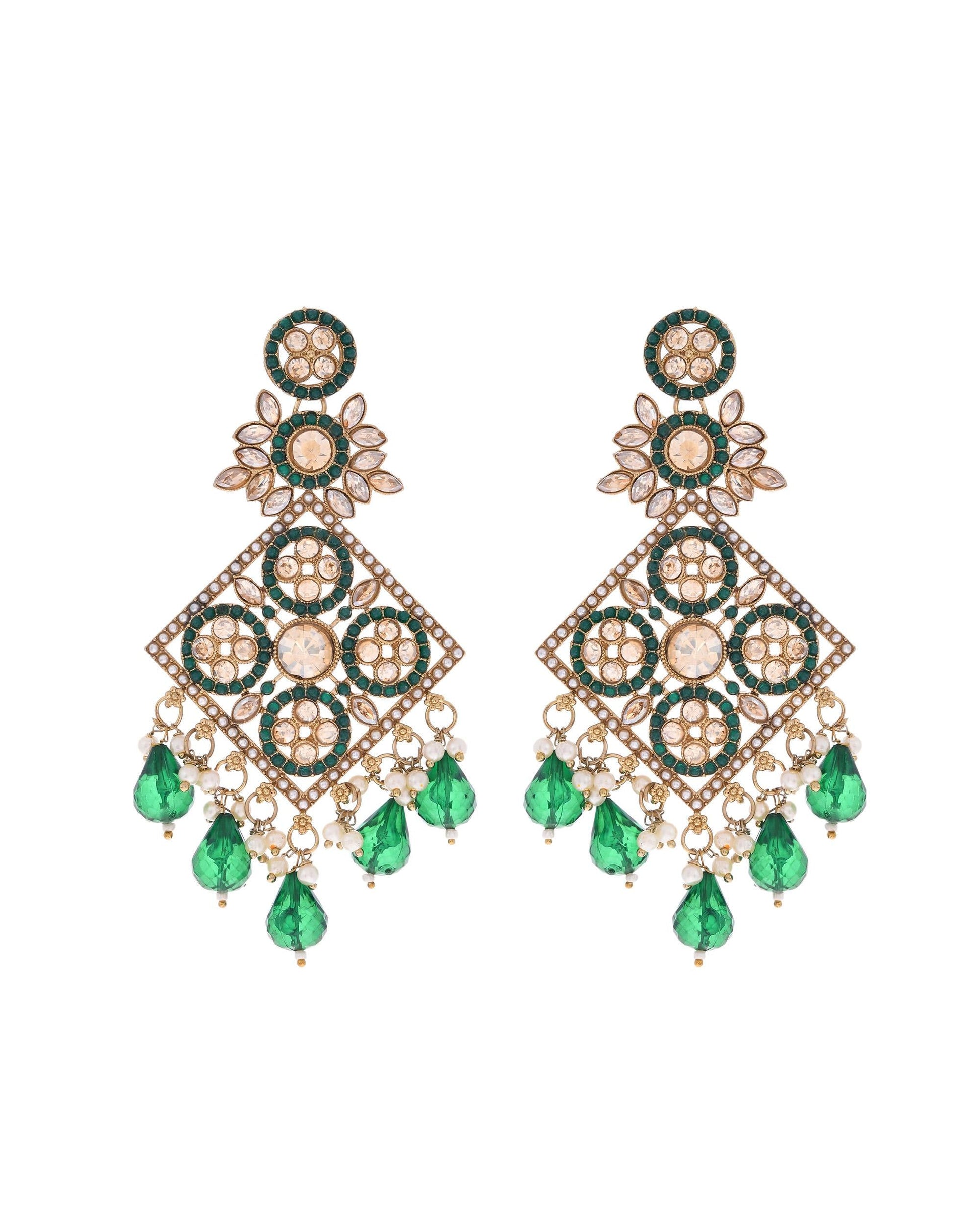 VOJ Green Stone Studded Gold-Polished Square Shaped Earrings VOJ (Valley Of Jewellery)