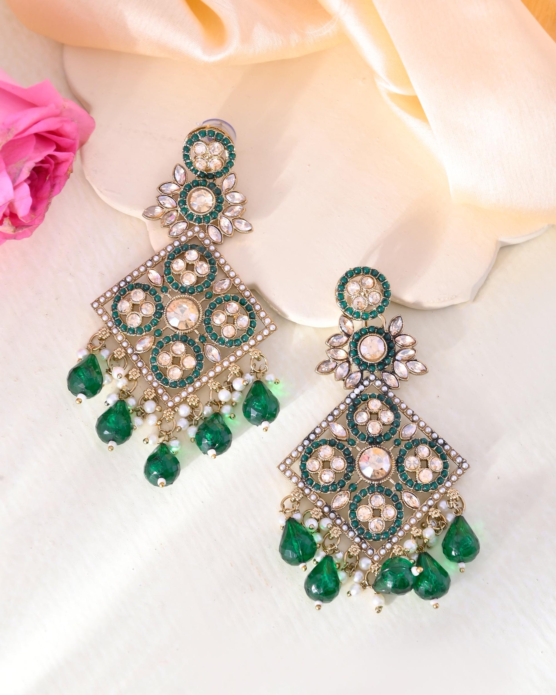 VOJ Green Stone Studded Gold-Polished Square Shaped Earrings VOJ (Valley Of Jewellery)