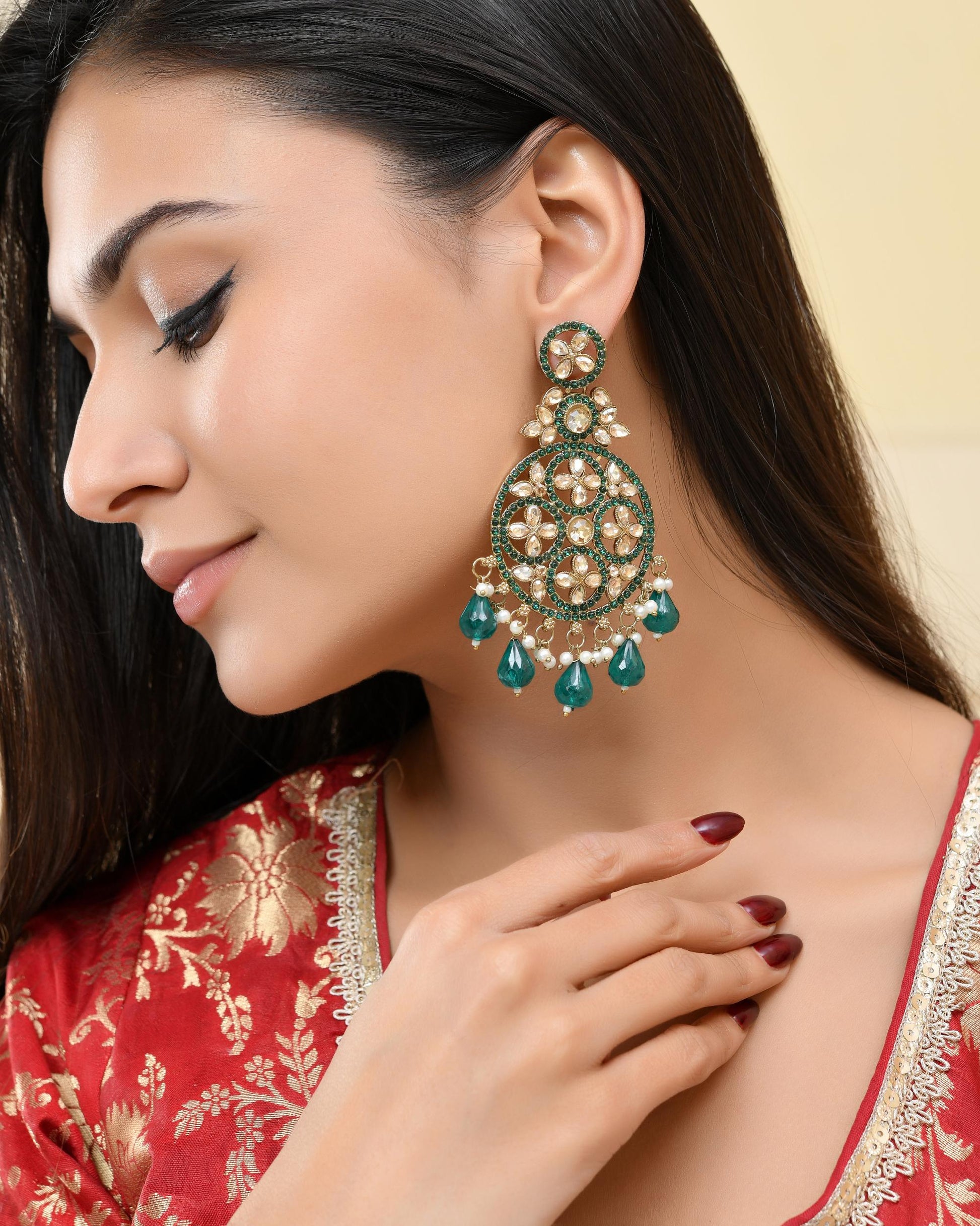 VOJ Teal Green Stone Studded Gold-Polished Circle Shaped Earrings VOJ (Valley Of Jewellery)