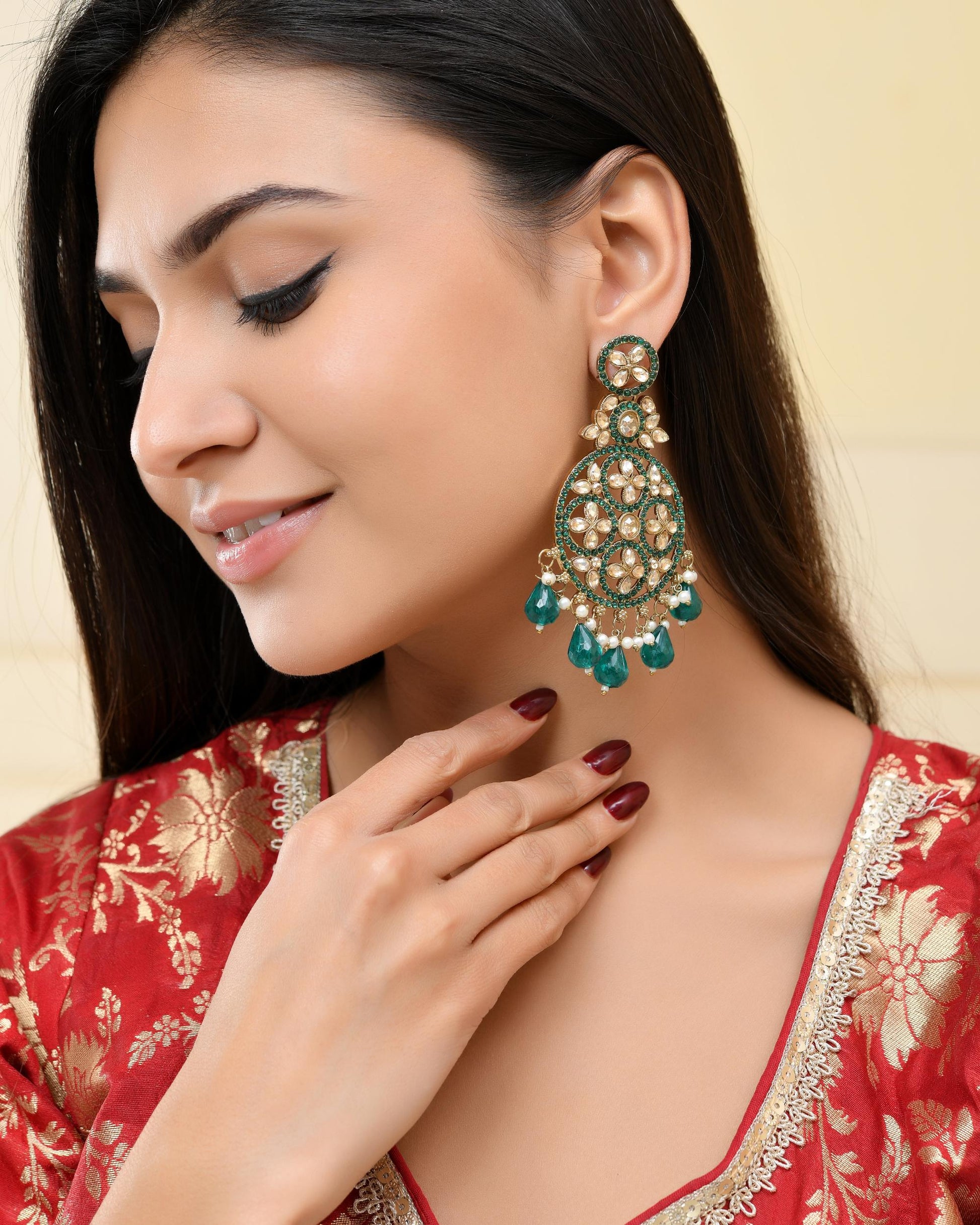 VOJ Teal Green Stone Studded Gold-Polished Circle Shaped Earrings VOJ (Valley Of Jewellery)