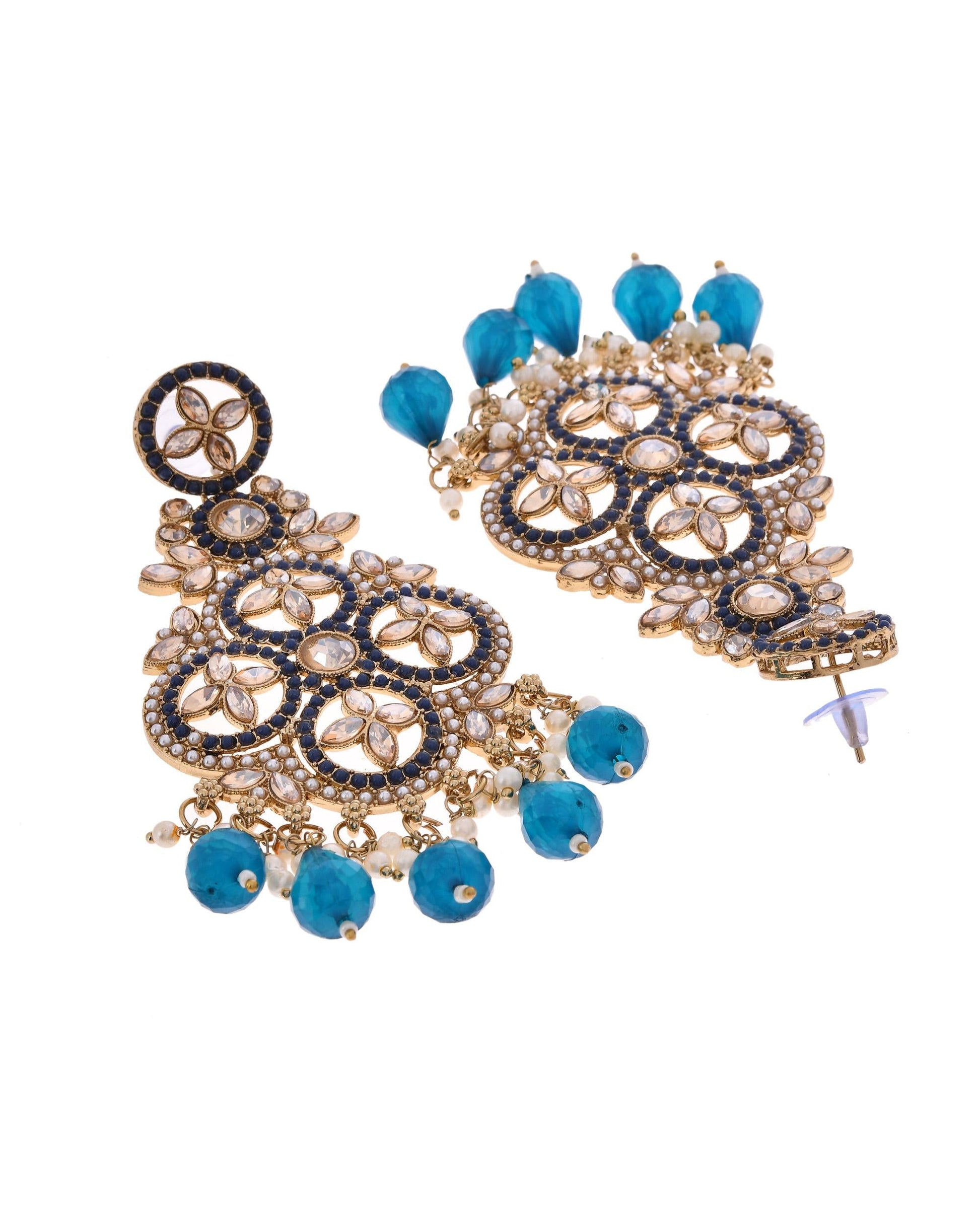 VOJ Blue Stone Studded Gold-Polished Crescent Shaped Earrings VOJ (Valley Of Jewellery)
