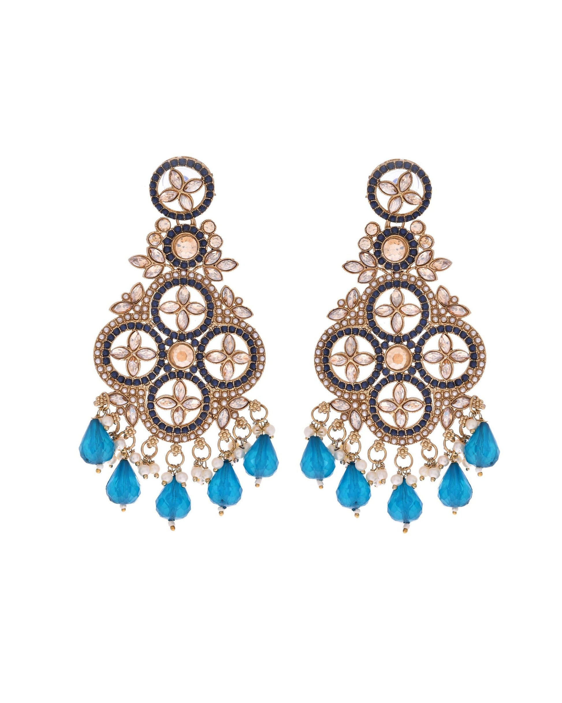 VOJ Blue Stone Studded Gold-Polished Crescent Shaped Earrings VOJ (Valley Of Jewellery)