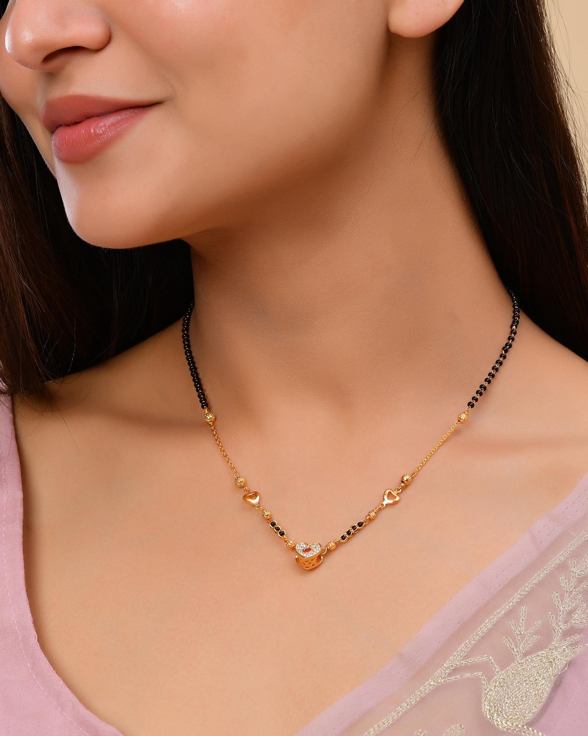 VOJ Gold-Polished Ad Studded Heart Shaped Mangalsutra 