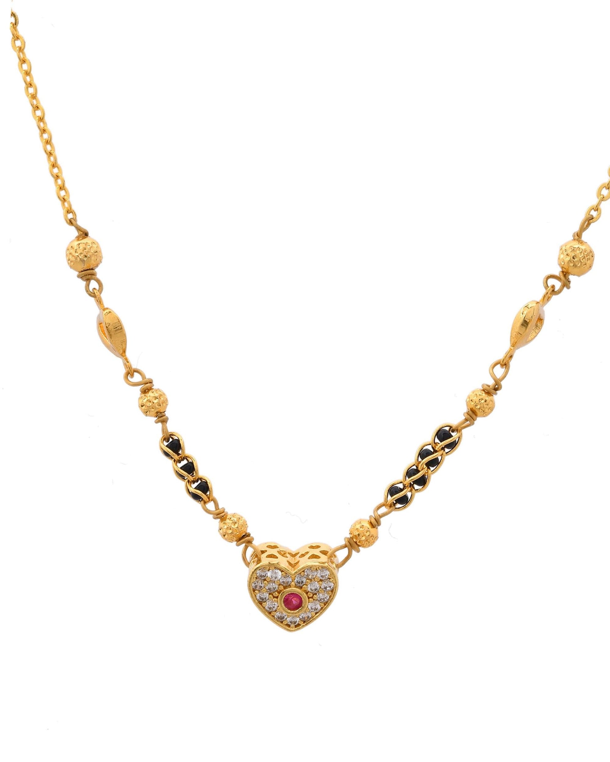 VOJ Gold-Polished Ad Studded Heart Shaped Mangalsutra 
