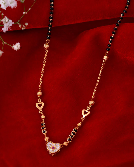 VOJ Gold-Polished Ad Studded Heart Shaped Mangalsutra 