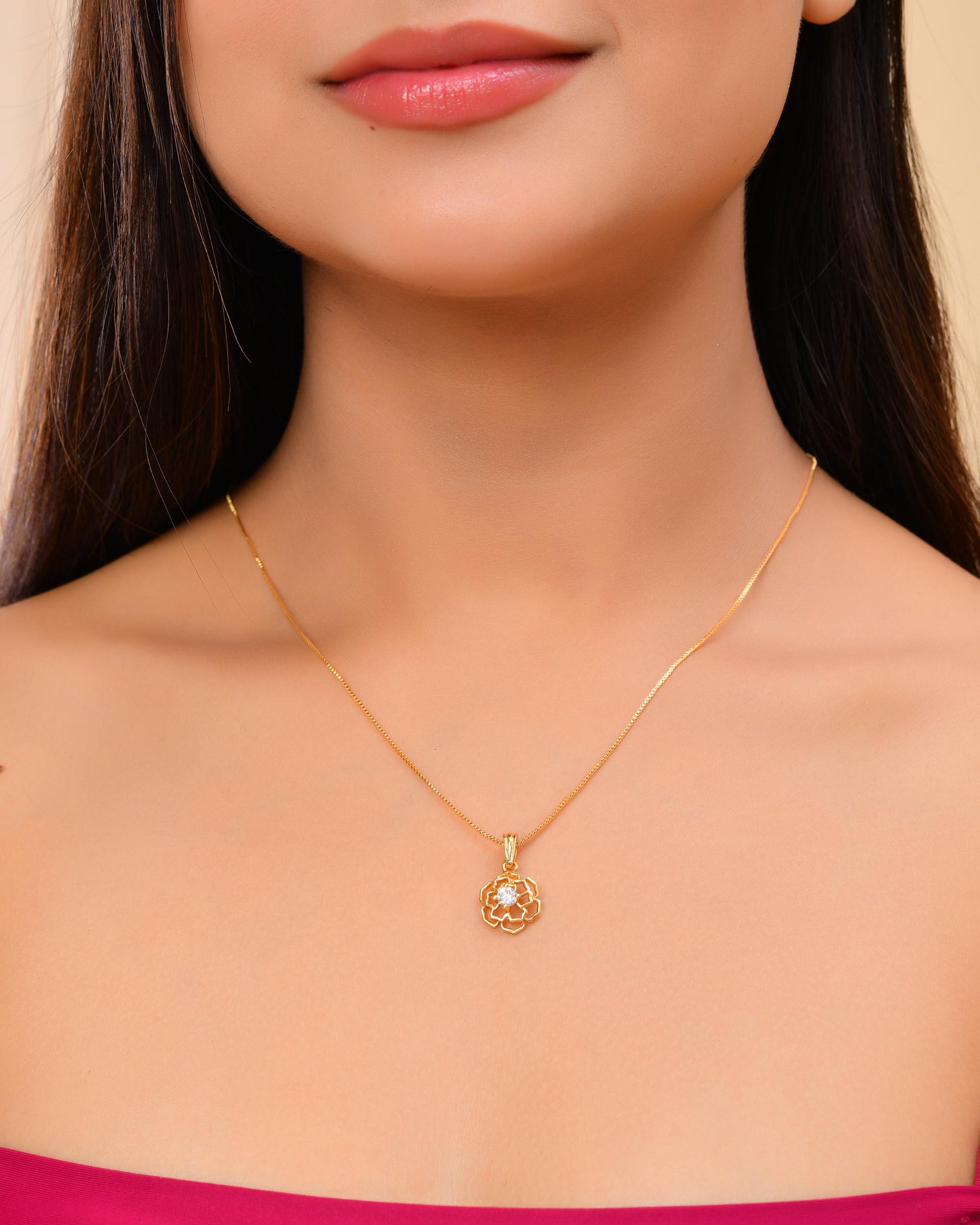 VOJ Gold-Polished Flower Shaped Ad Studded Pendant With Chain  Grab2Buy VOJ Grab2Buy