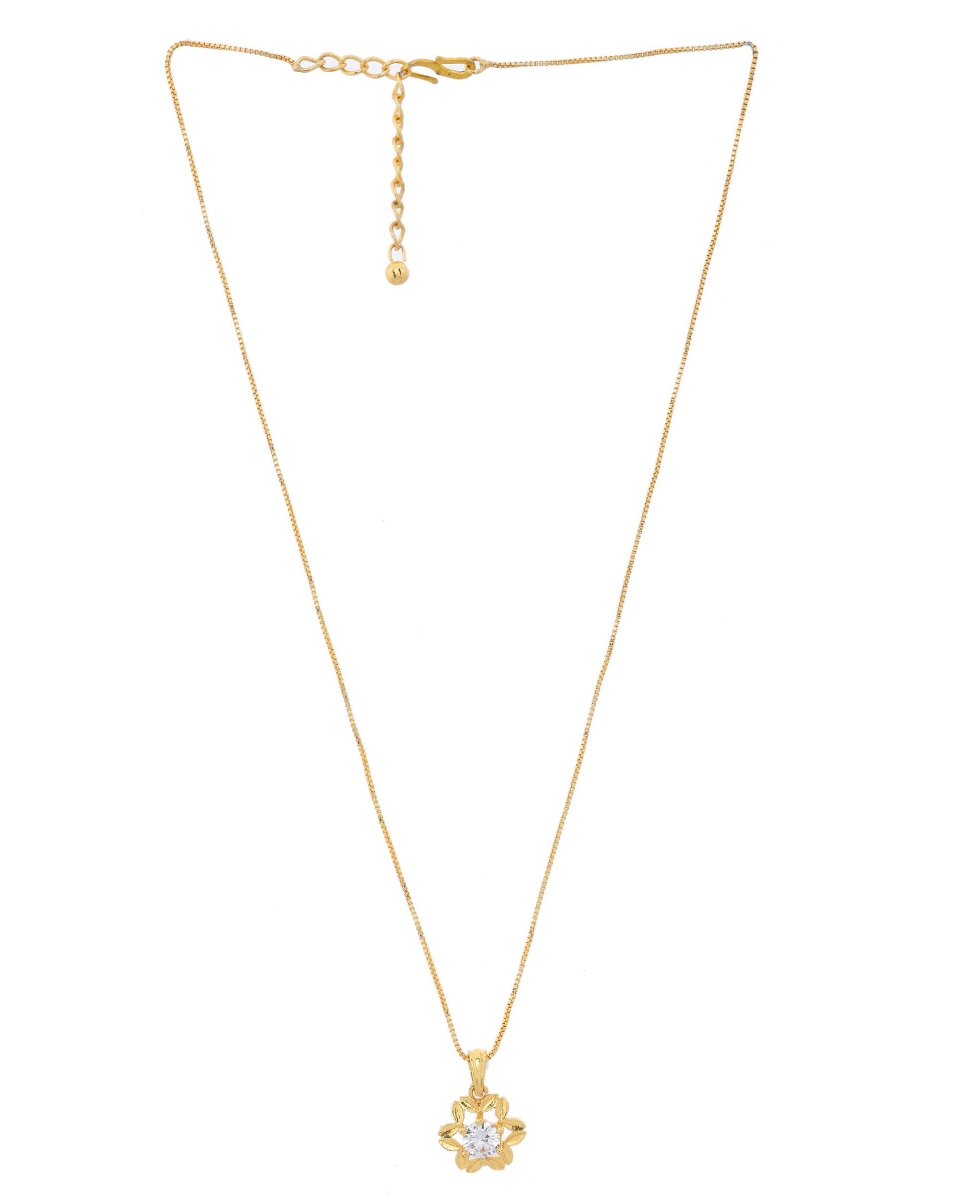 VOJ Gold-Polished Flower Shaped Ad Studded Pendant With Chain VOJ (Valley Of Jewellery)