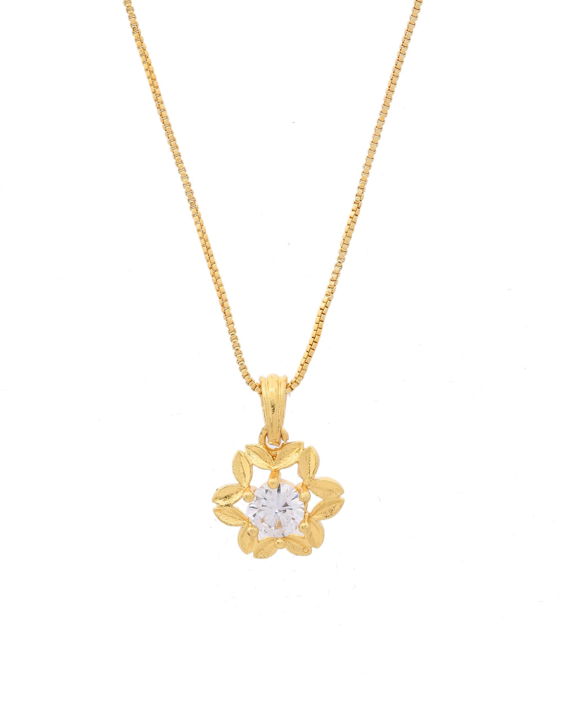 VOJ Gold-Polished Flower Shaped Ad Studded Pendant With Chain VOJ (Valley Of Jewellery)