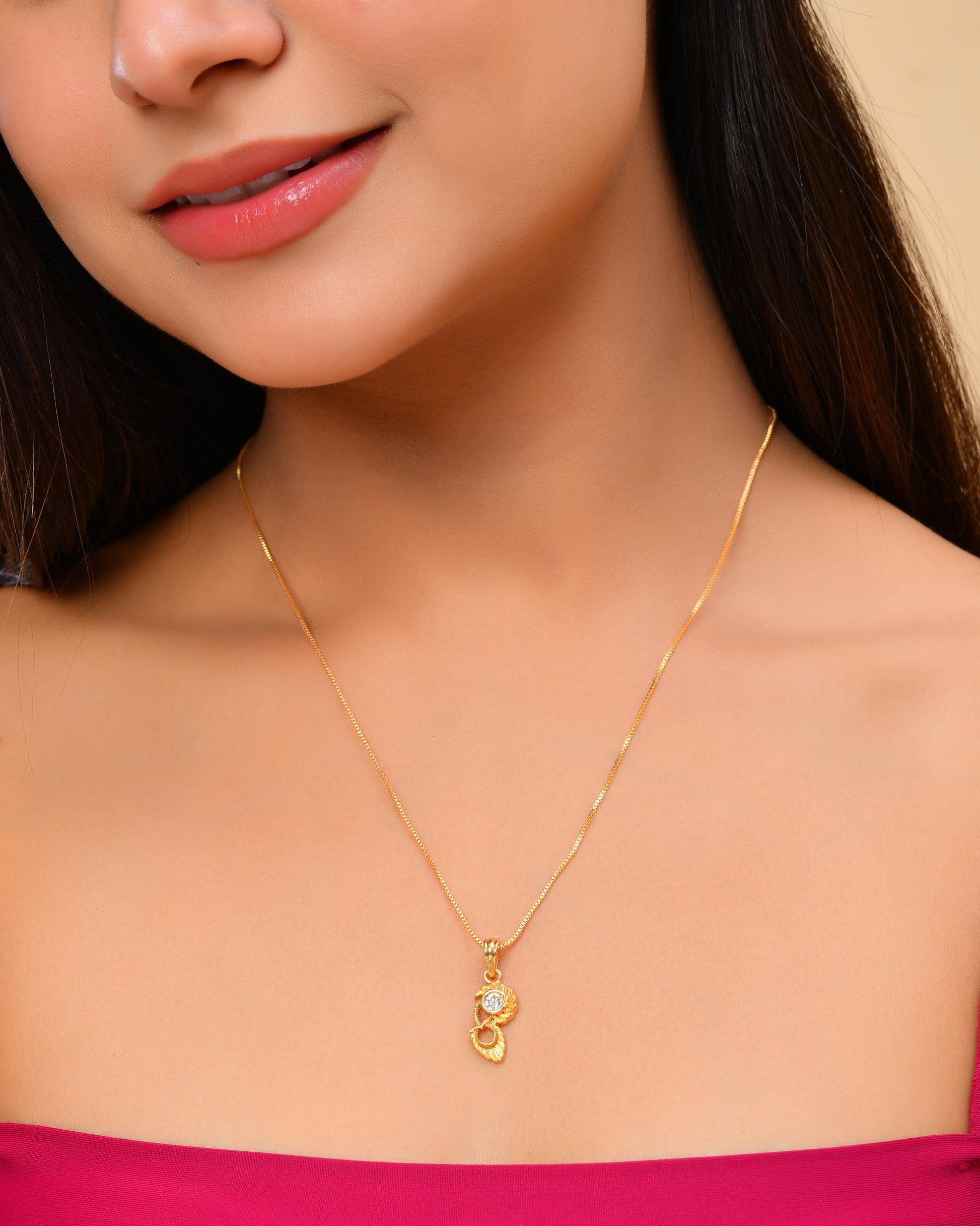 VOJ Gold-Polished Designer Ad Studded Pendant With Chain VOJ (Valley Of Jewellery)