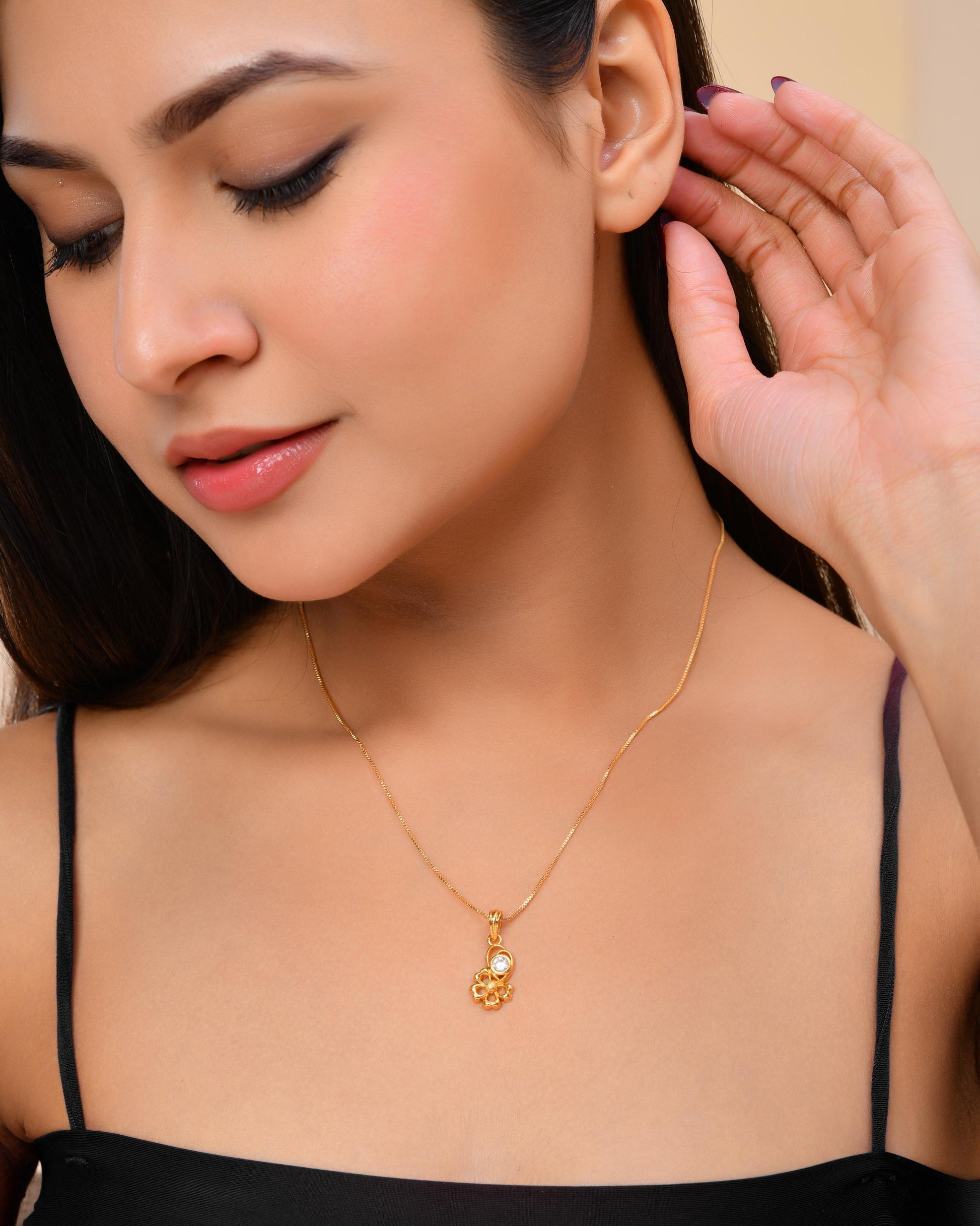 VOJ Gold-Polished Flower Shaped Ad Studded Pendant With Chain  Grab2Buy VOJ Grab2Buy