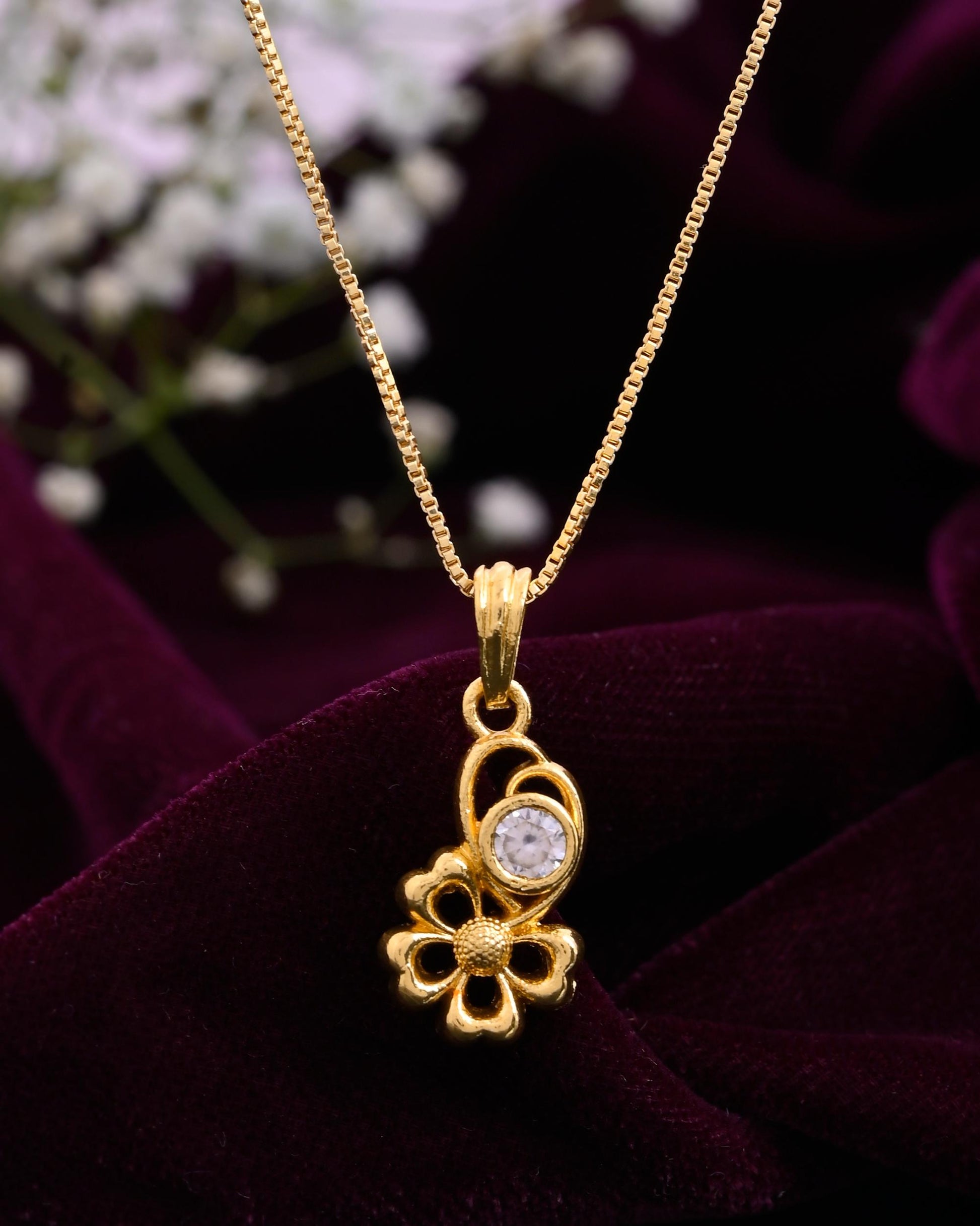 VOJ Gold-Polished Flower Shaped Ad Studded Pendant With Chain  Grab2Buy VOJ Grab2Buy