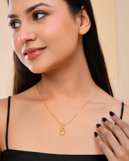VOJ Gold-Polished Plant Shaped Ad Studded Pendant With Chain VOJ (Valley Of Jewellery)