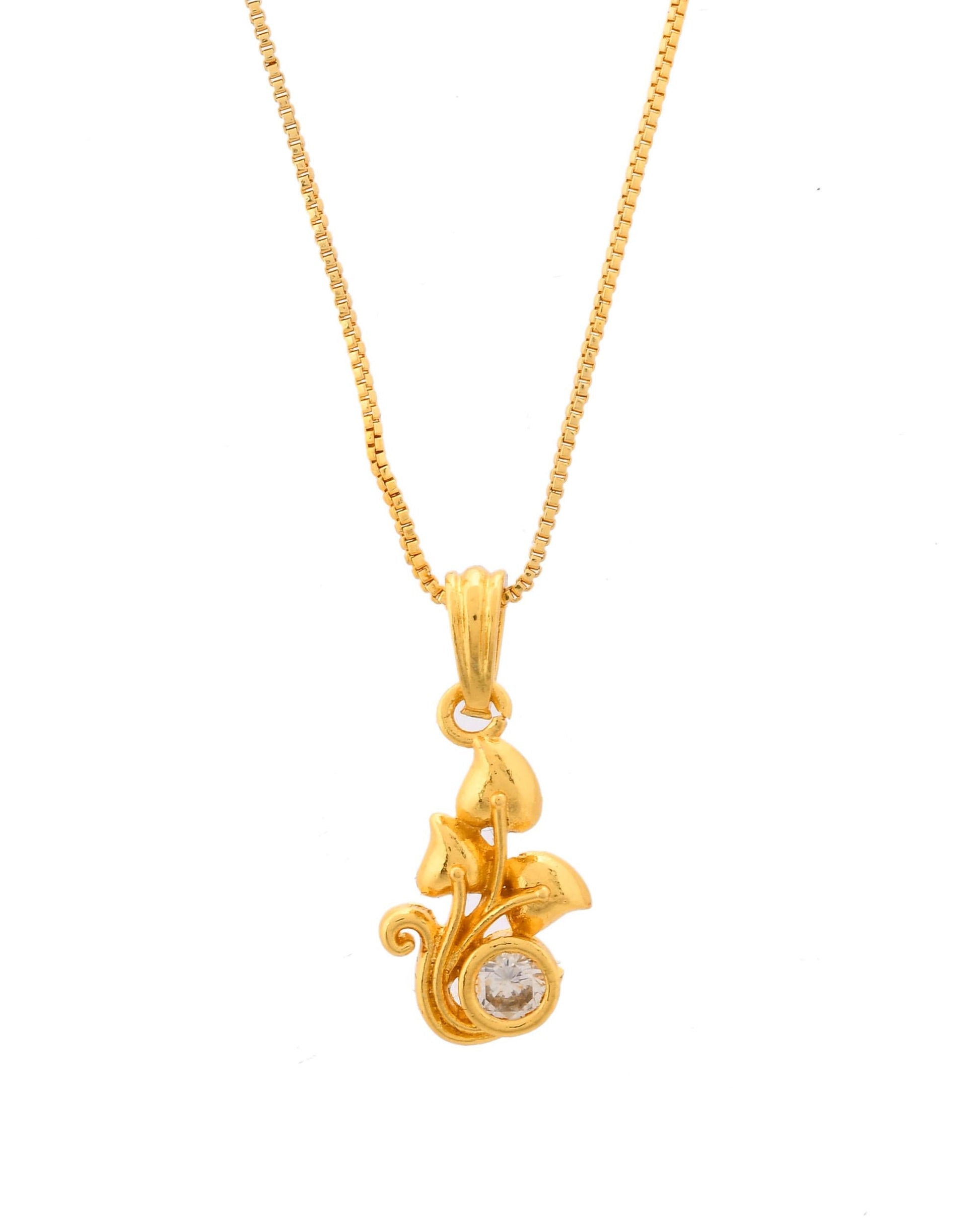 VOJ Gold-Polished Plant Shaped Ad Studded Pendant With Chain VOJ (Valley Of Jewellery)
