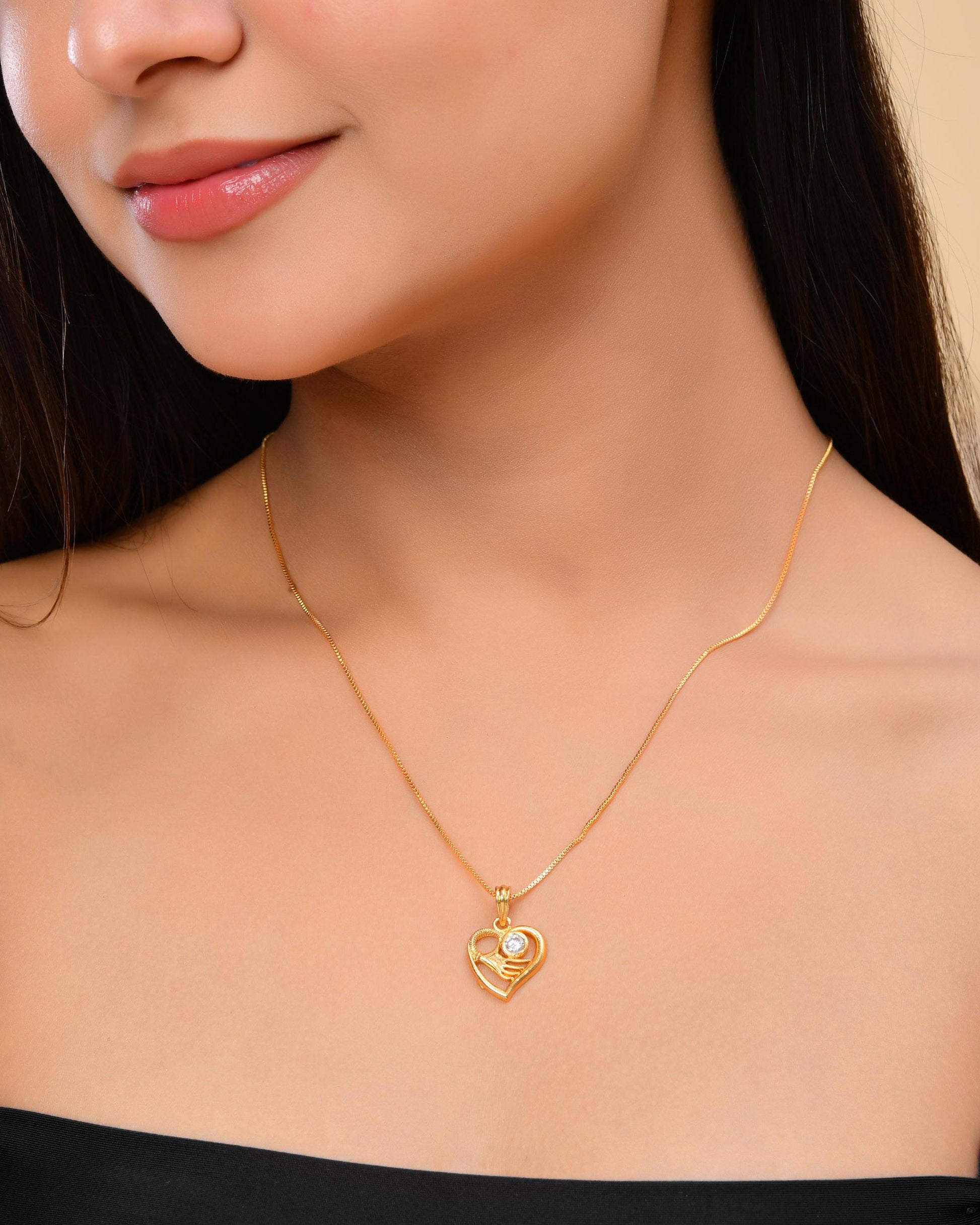 VOJ Gold-Polished Heart Shaped Ad Studded Pendant With Chain VOJ (Valley Of Jewellery)