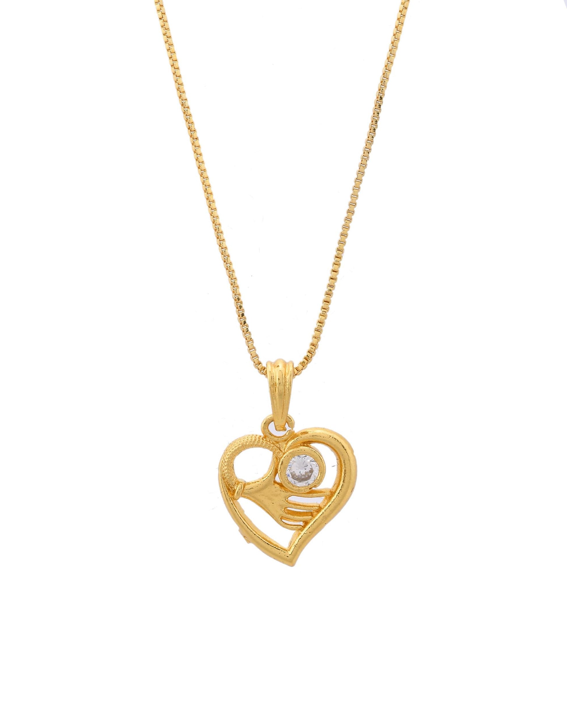 VOJ Gold-Polished Heart Shaped Ad Studded Pendant With Chain VOJ (Valley Of Jewellery)