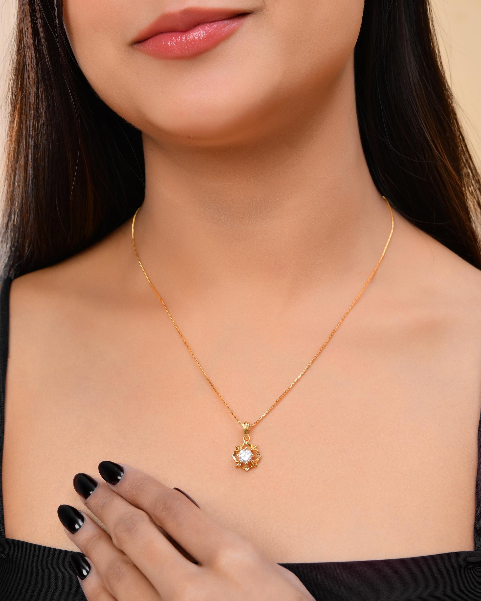VOJ Gold-Polished Flower Shaped Ad Studded Pendant With Chain  Grab2Buy VOJ Grab2Buy