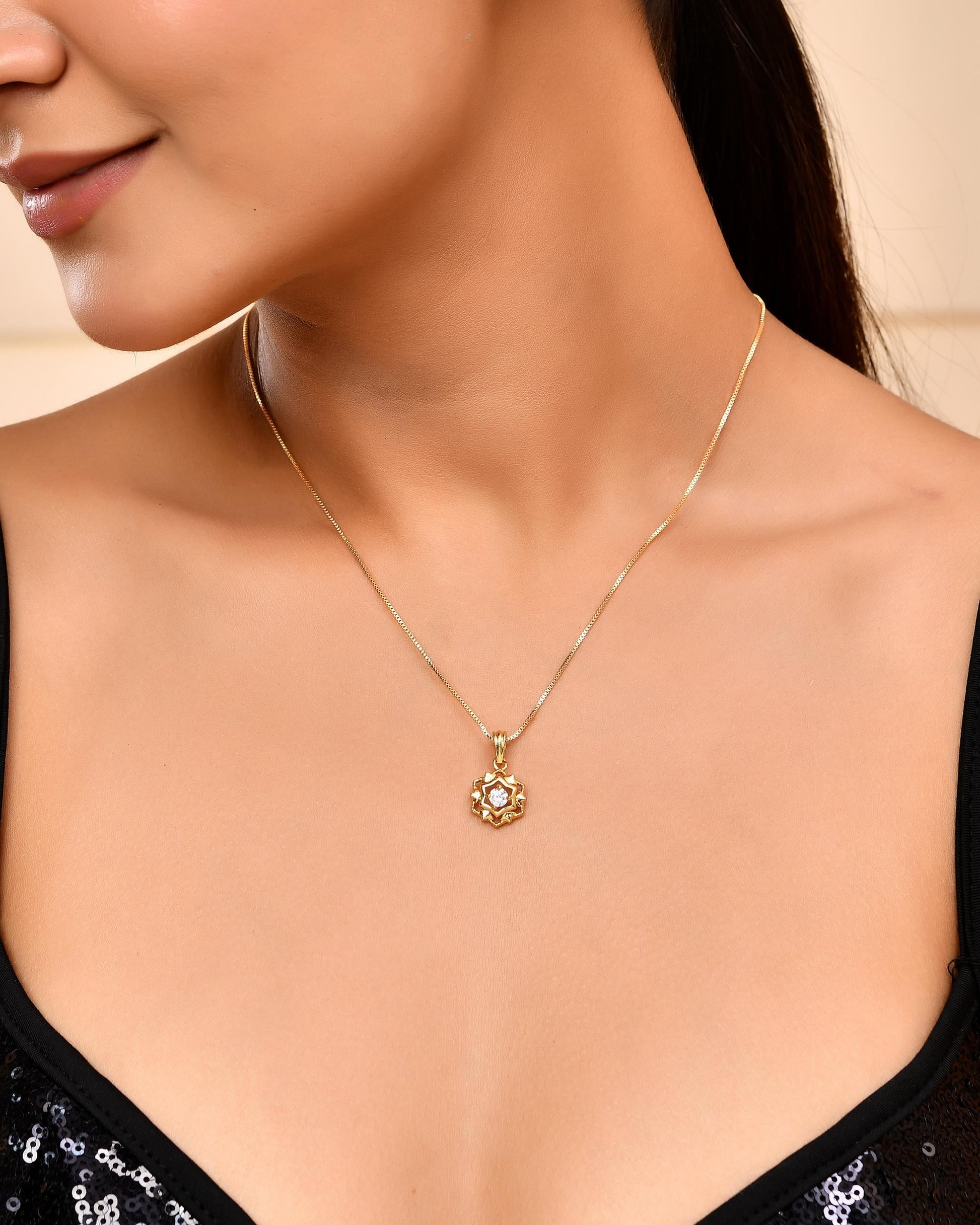 VOJ Gold-Polished Flower Shaped AD Studded Pandent With Chain 