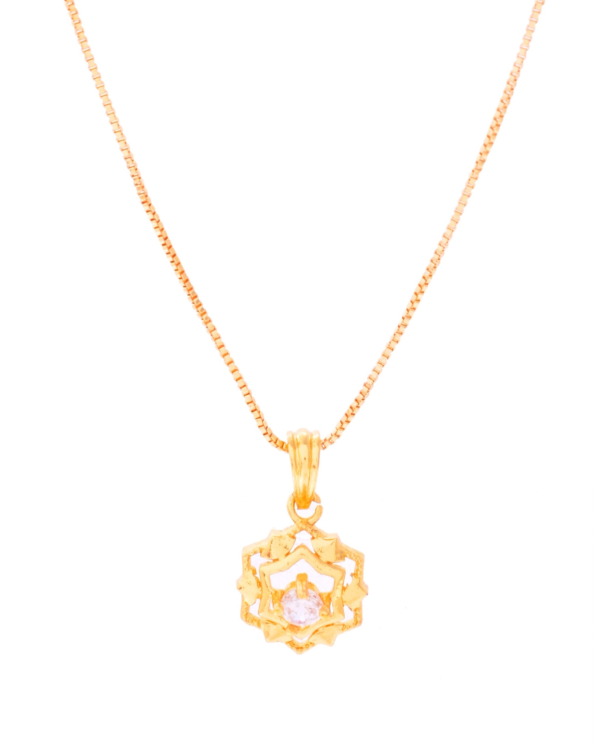 VOJ Gold-Polished Flower Shaped AD Studded Pandent With Chain 