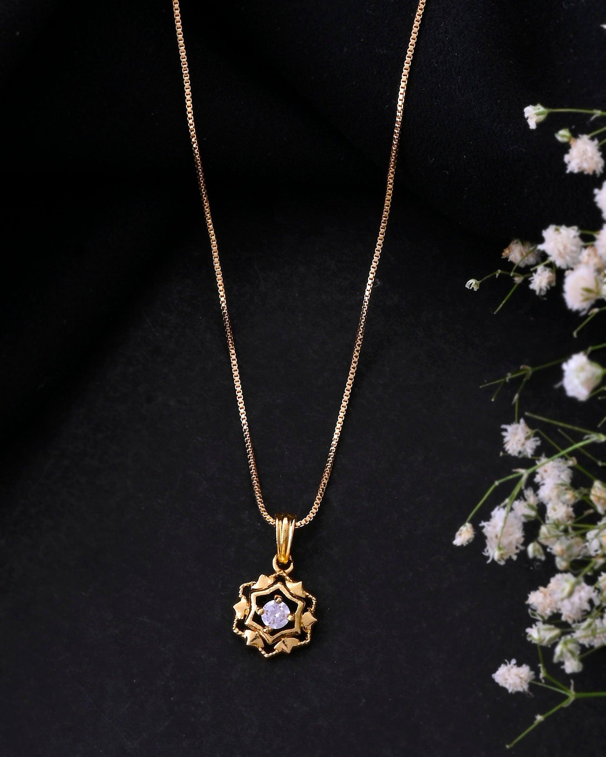 VOJ Gold-Polished Flower Shaped AD Studded Pandent With Chain 