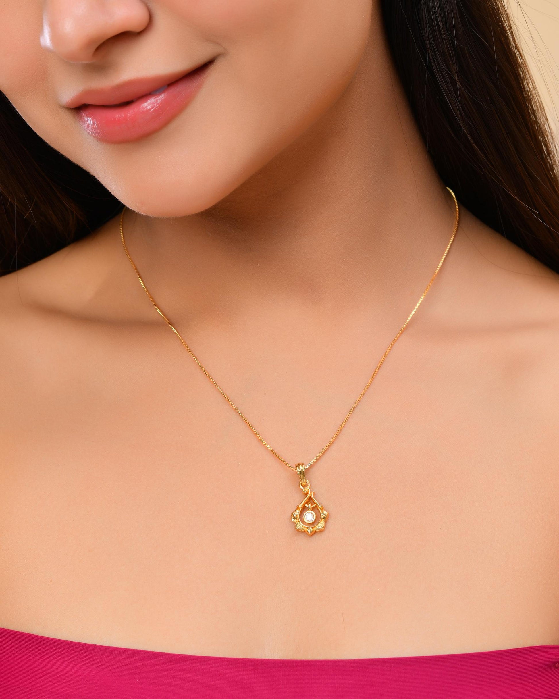 VOJ Gold-Polished Flower Shaped Ad Studded Pendant With Chain  Grab2Buy VOJ Grab2Buy