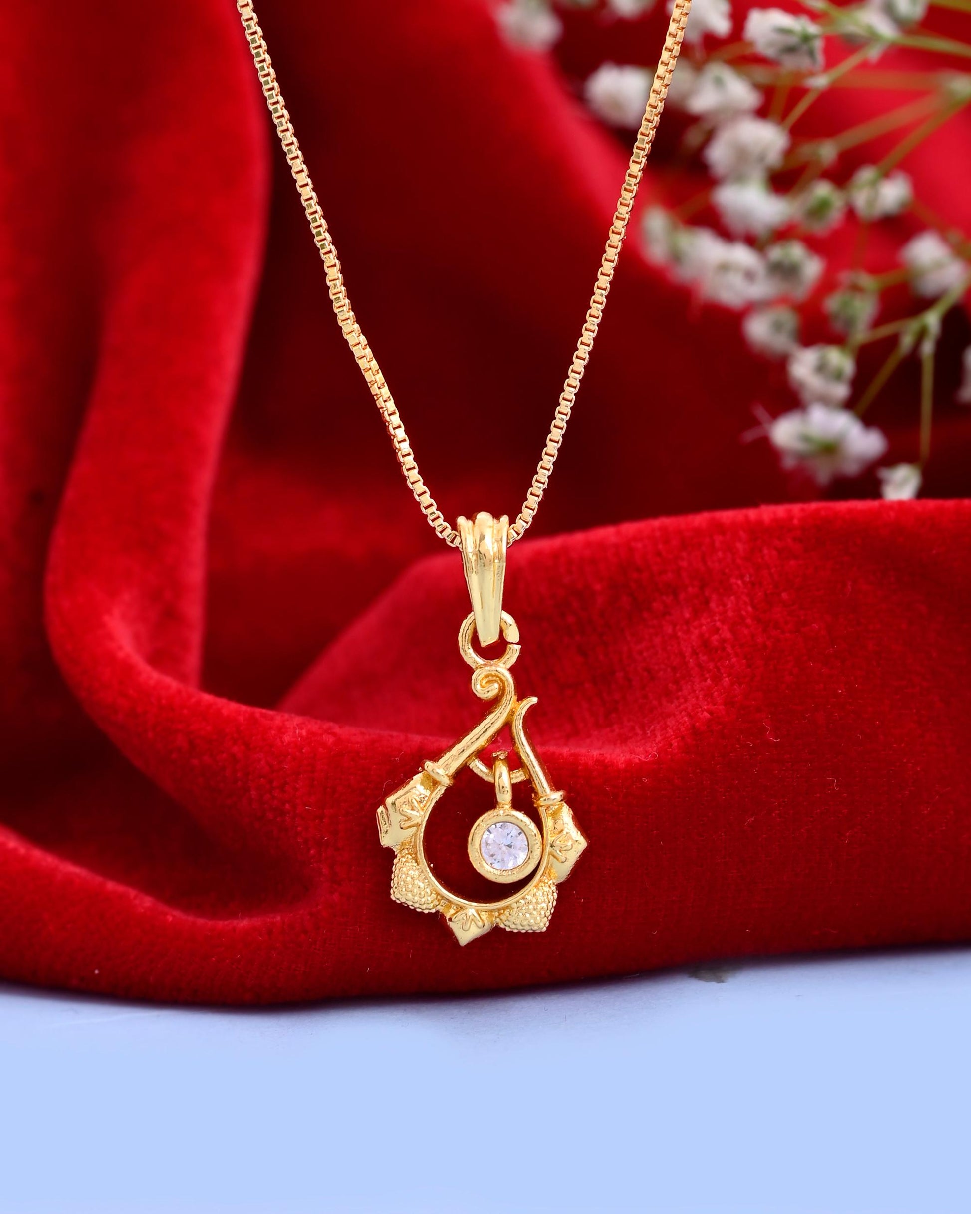 VOJ Gold-Polished Flower Shaped Ad Studded Pendant With Chain  Grab2Buy VOJ Grab2Buy