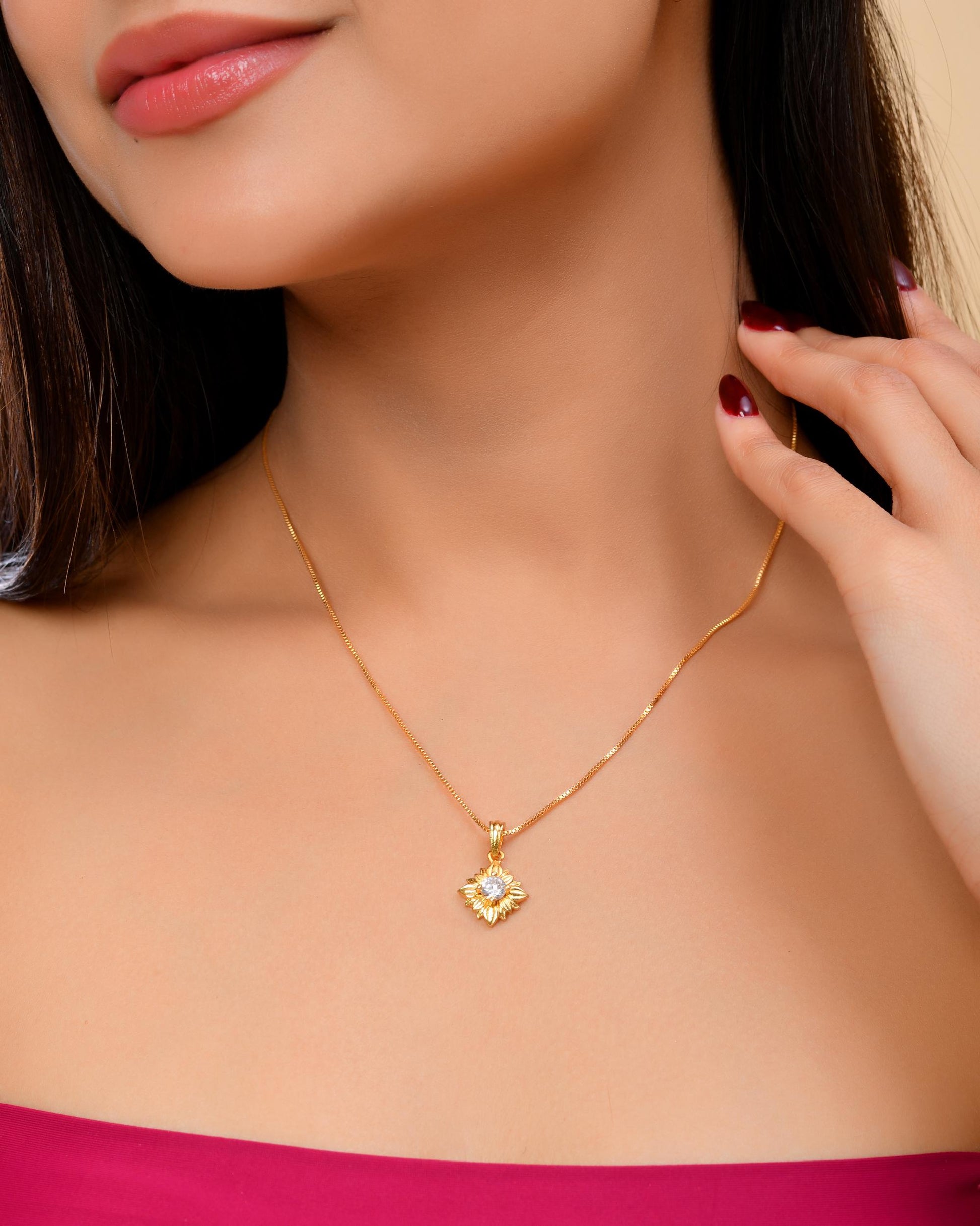 VOJ Gold-Polished Flower Shaped Ad Studded Pendant With Chain  Grab2Buy VOJ Grab2Buy