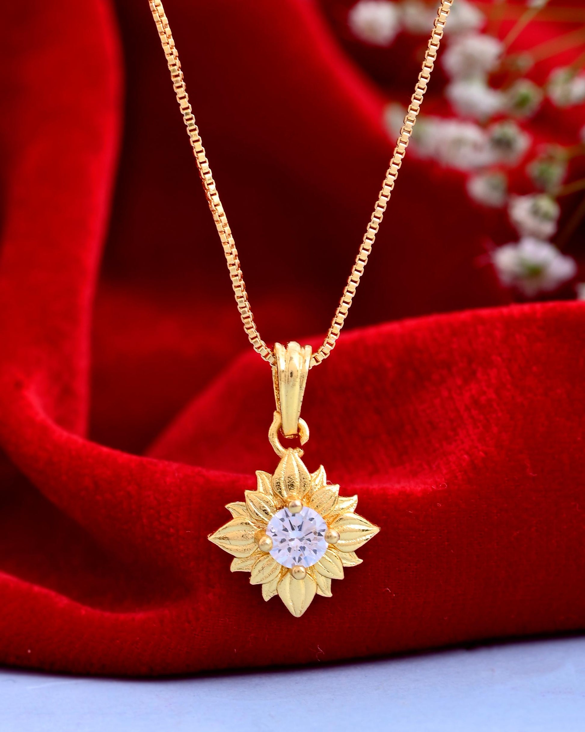 VOJ Gold-Polished Flower Shaped Ad Studded Pendant With Chain  Grab2Buy VOJ Grab2Buy